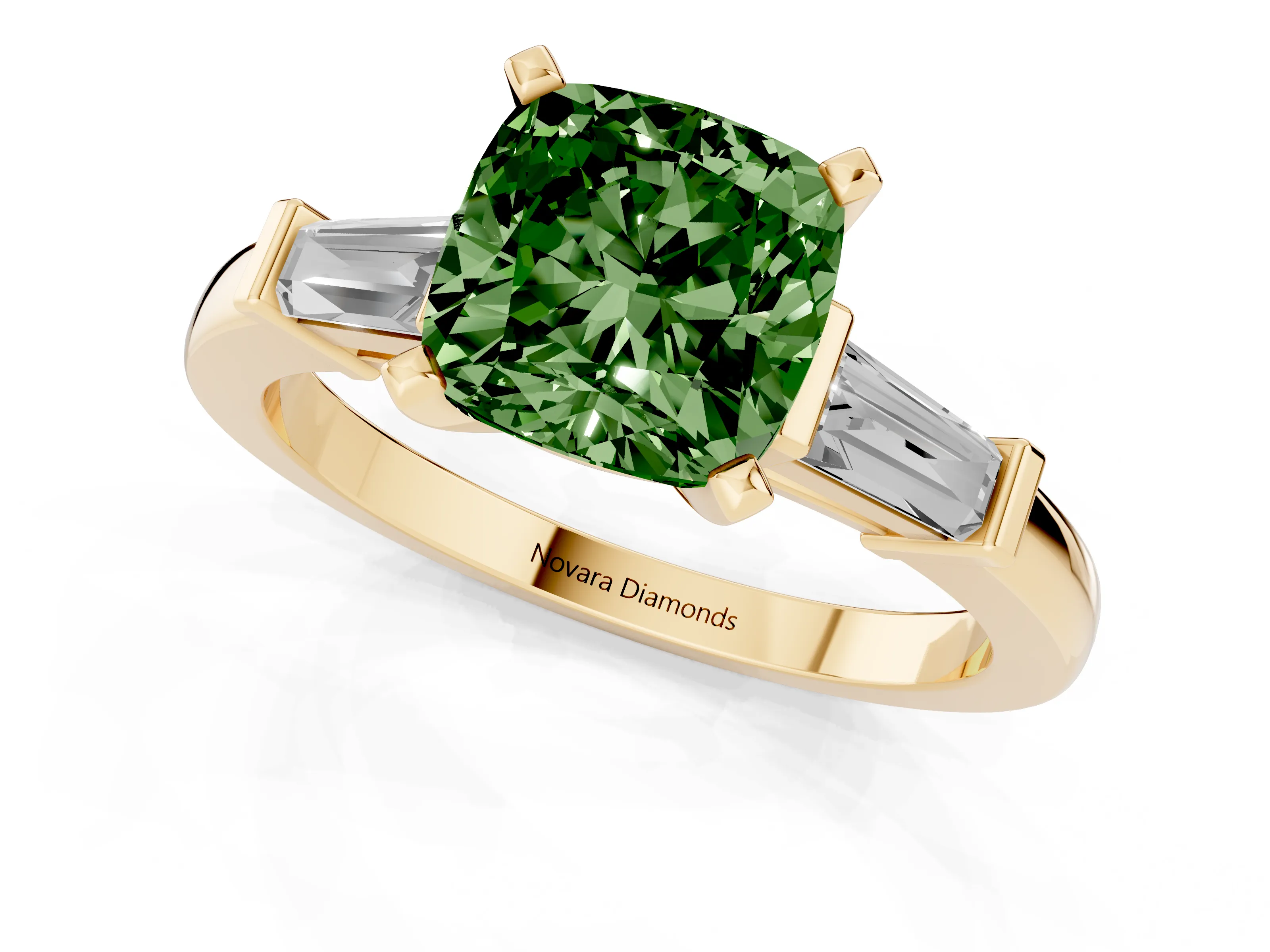 Fancy Green Cushion Cut Diamond Solitaire Ring Set in Yellow gold with Tapered Baguette Accents and Prong Setting