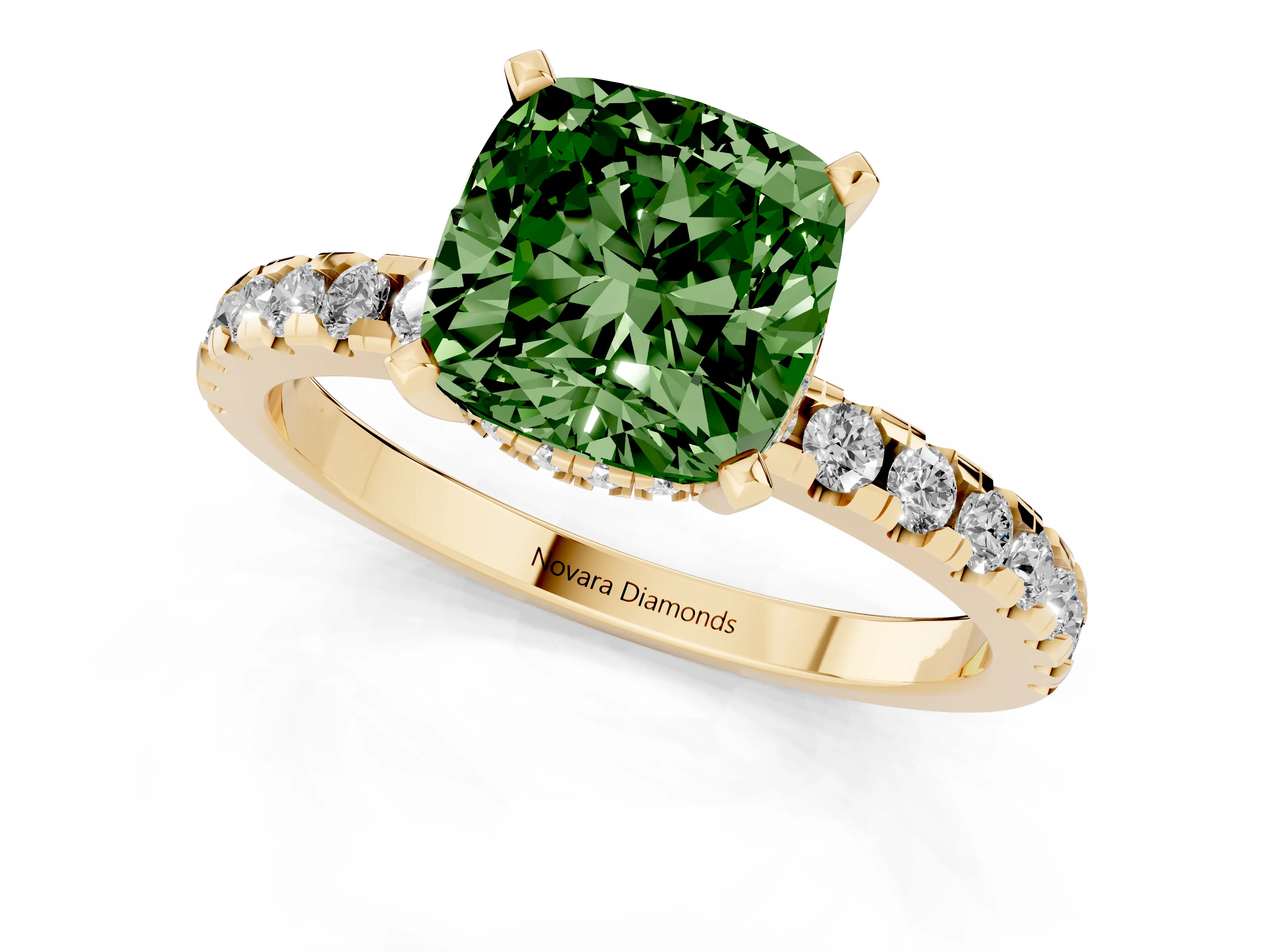 Fancy Green Cushion Cut Diamond Pavé Solitaire Ring Set in Yellow gold with Round Band Accents and Prong Setting