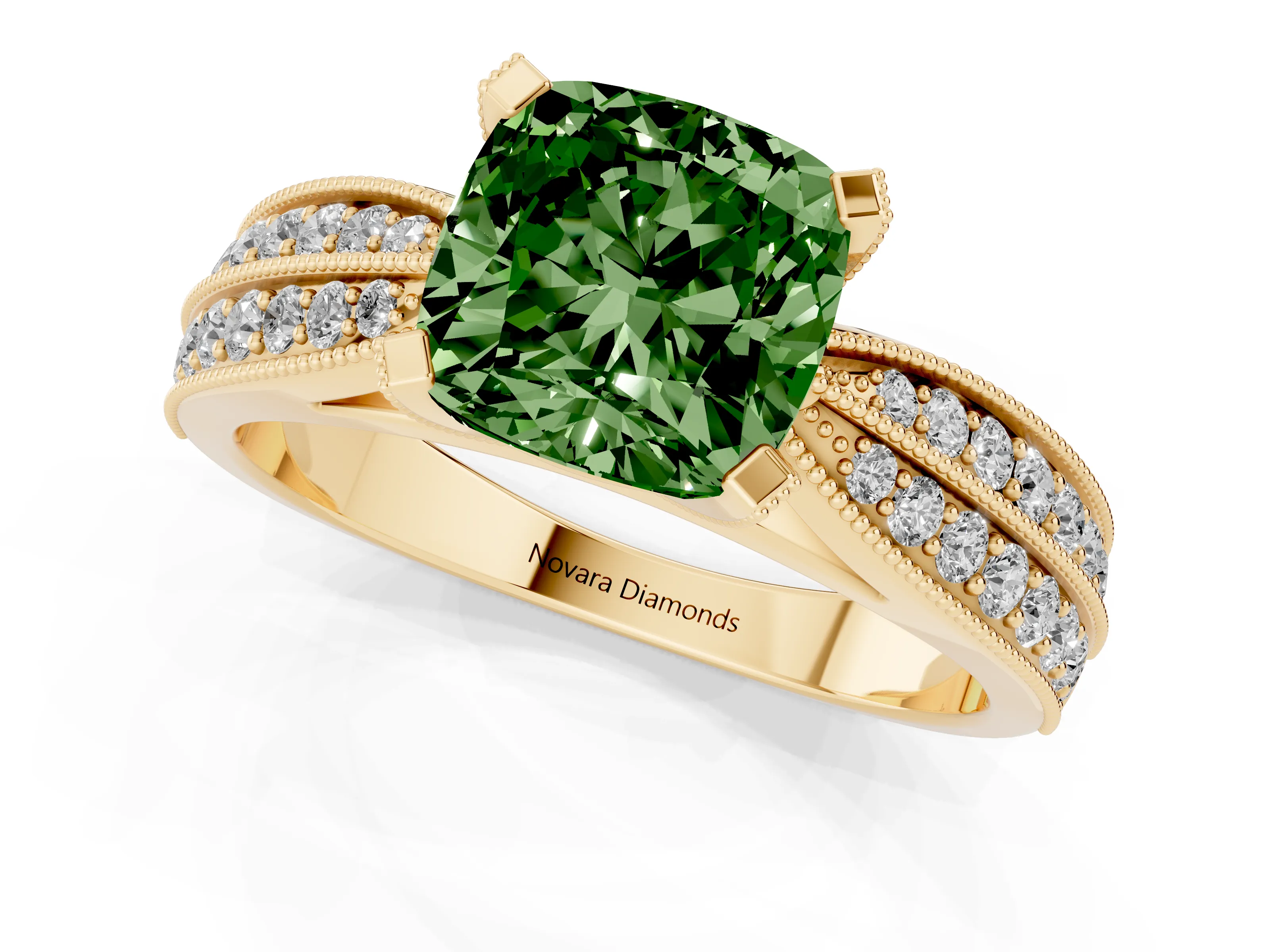 Fancy Green Cushion Cut Diamond Solitaire Ring Set in Yellow gold with Milgrain Double Row Round Pavé Band