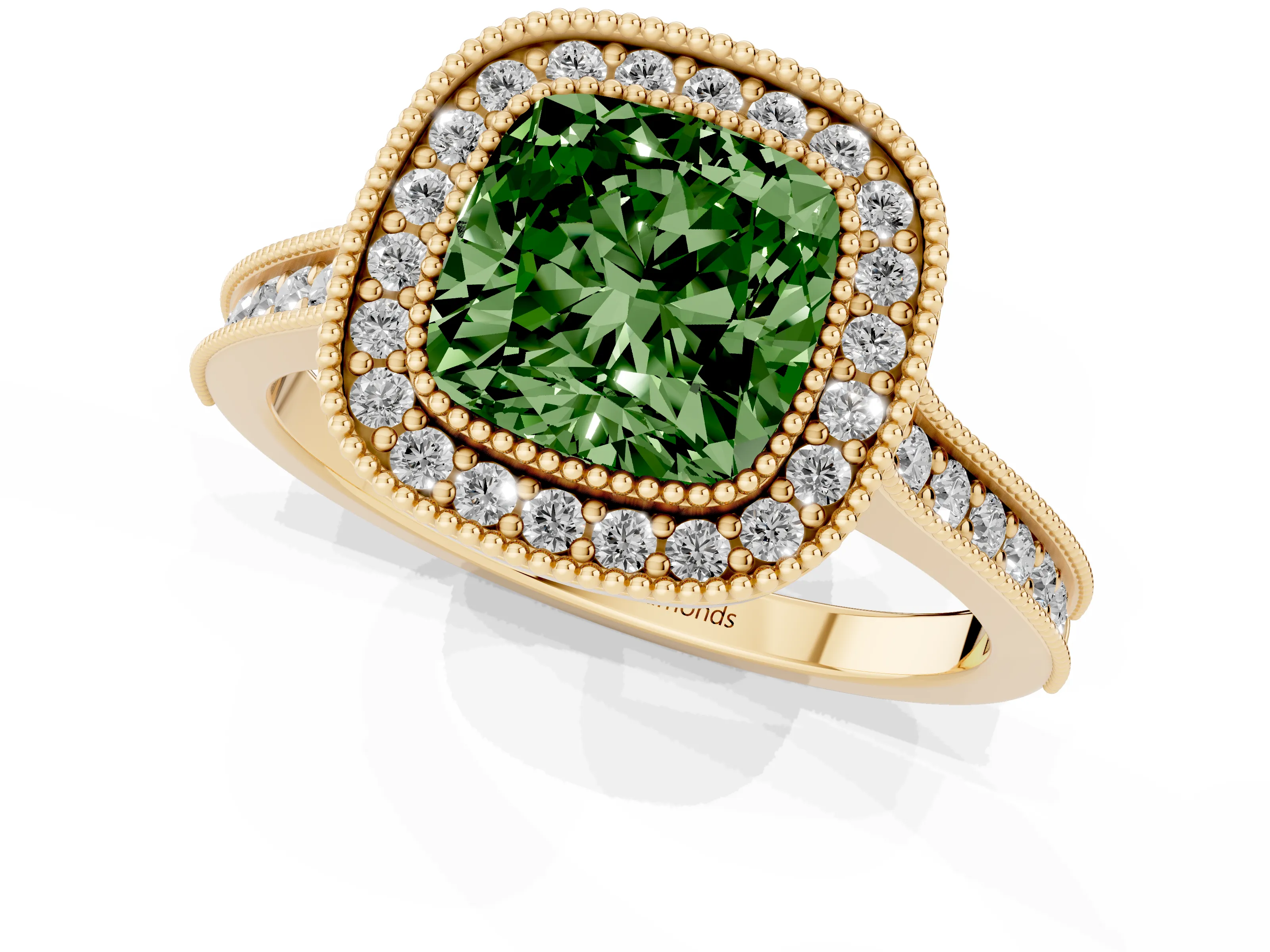 Fancy Green Cushion Cut Diamond Halo Milgrain Pavé Band Ring Set in Yellow gold with Prong Setting