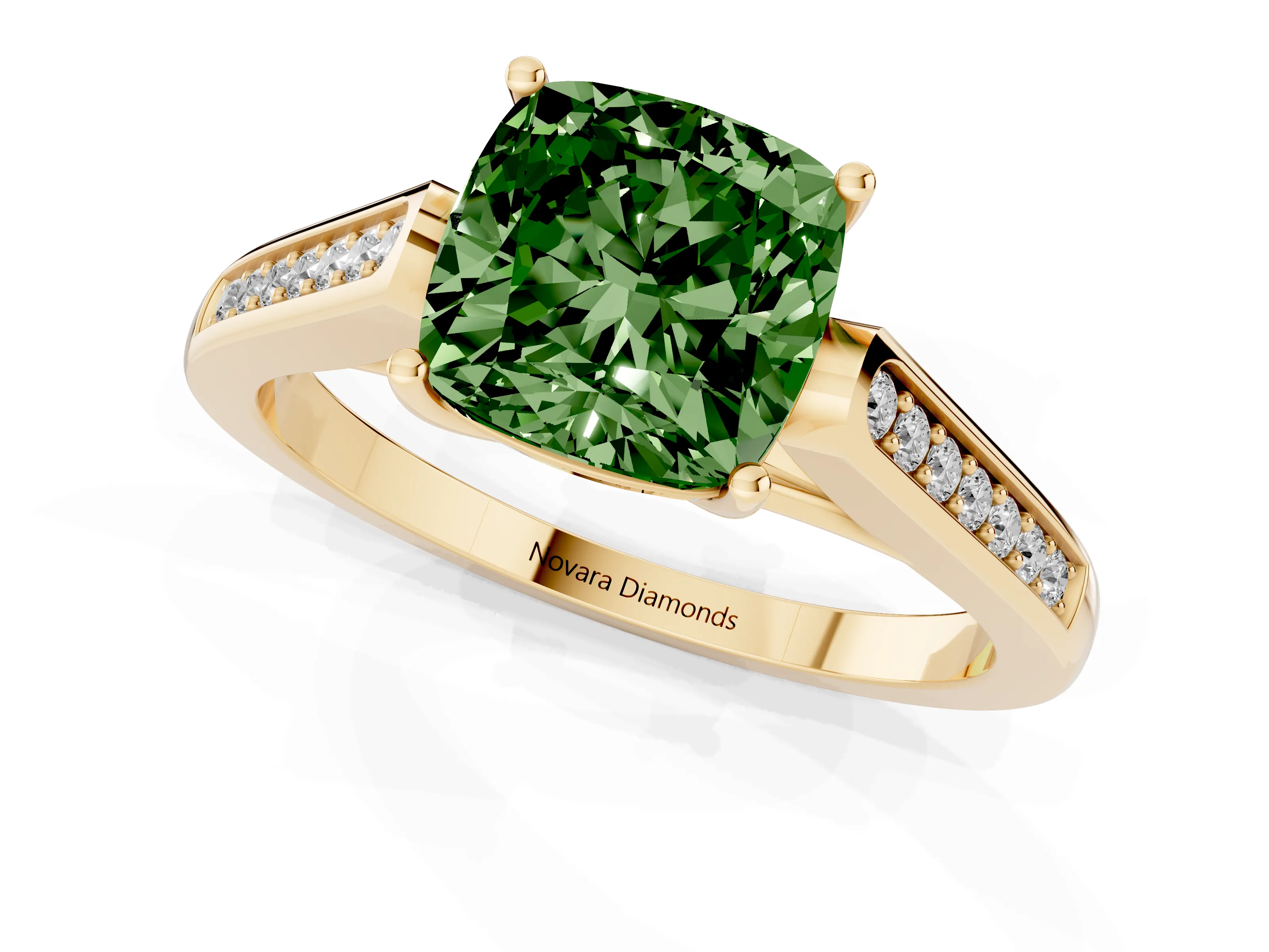 Fancy Green Cushion Cut Diamond Solitaire Cathedral Engagement Ring Set in Yellow gold with Channel-Set Band and Prong Setting