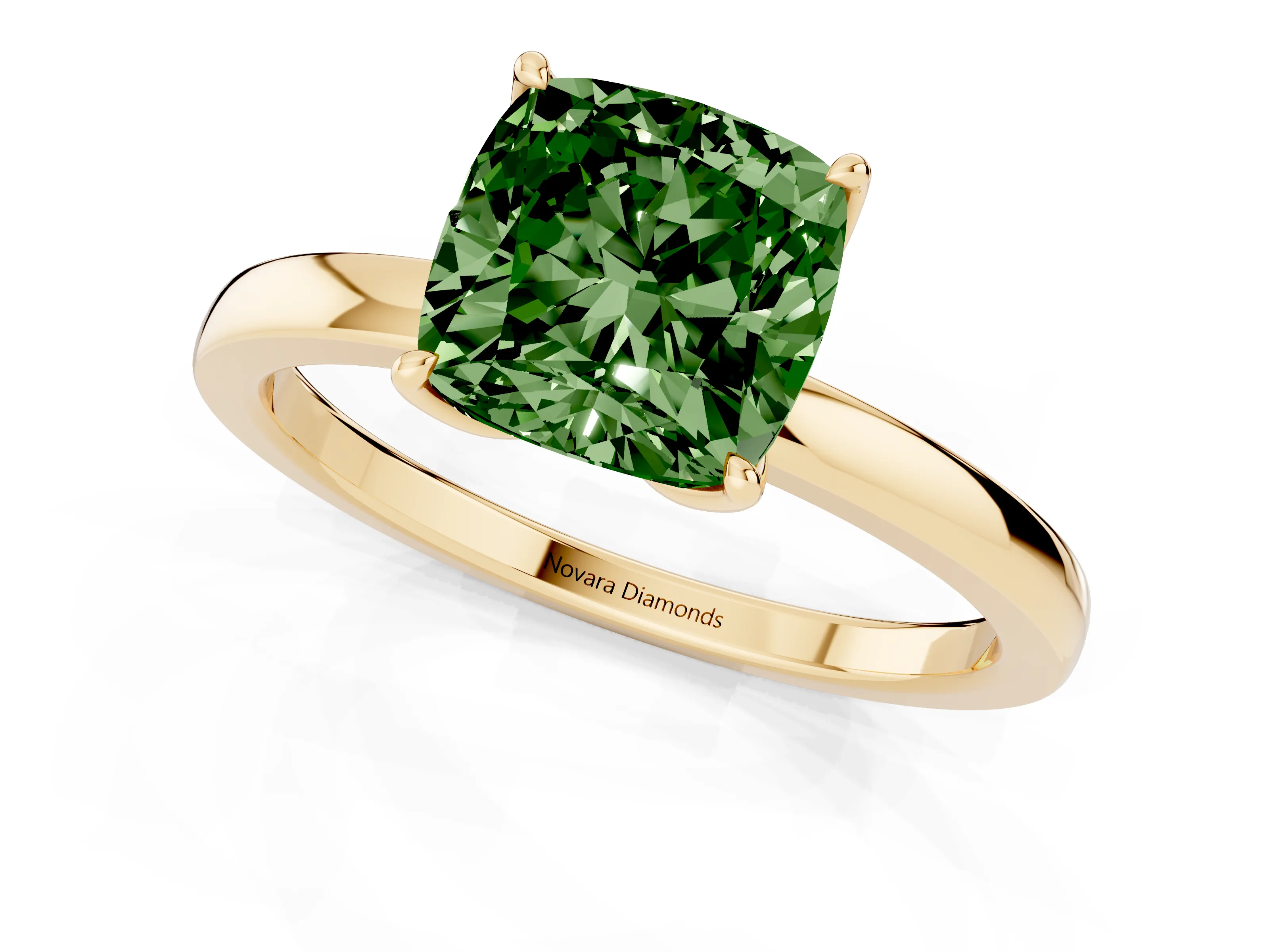 Fancy Green Cushion Cut Diamond Solitaire Ring Set in Yellow gold with Prong Setting and Thin Polished Band