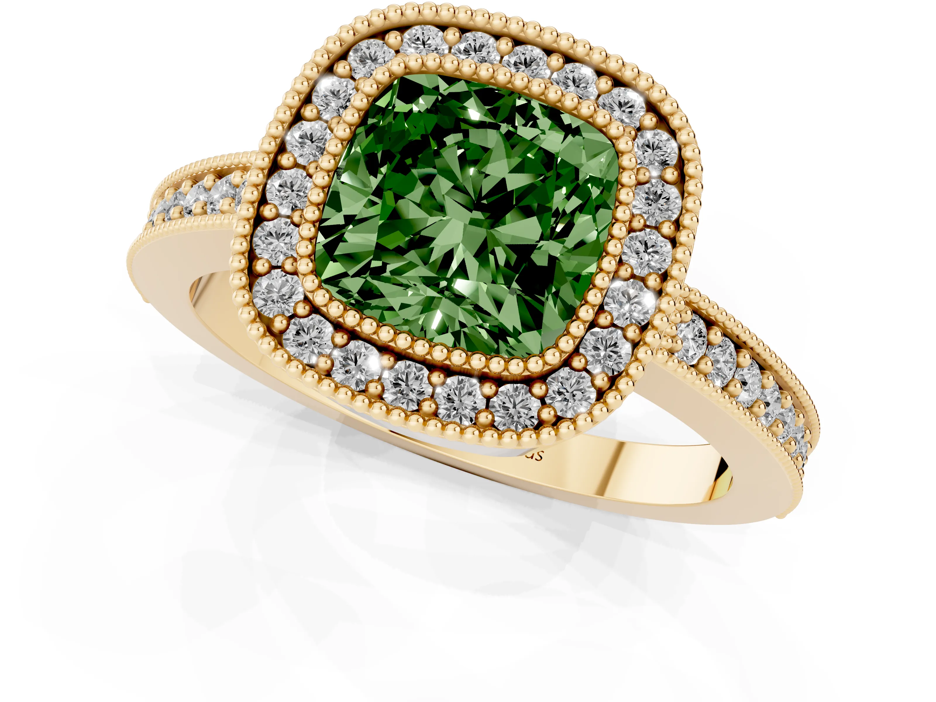 Fancy Green Cushion Cut Diamond Halo Engagement Ring Set in Yellow gold with Pavé Band and Round Halo Stones