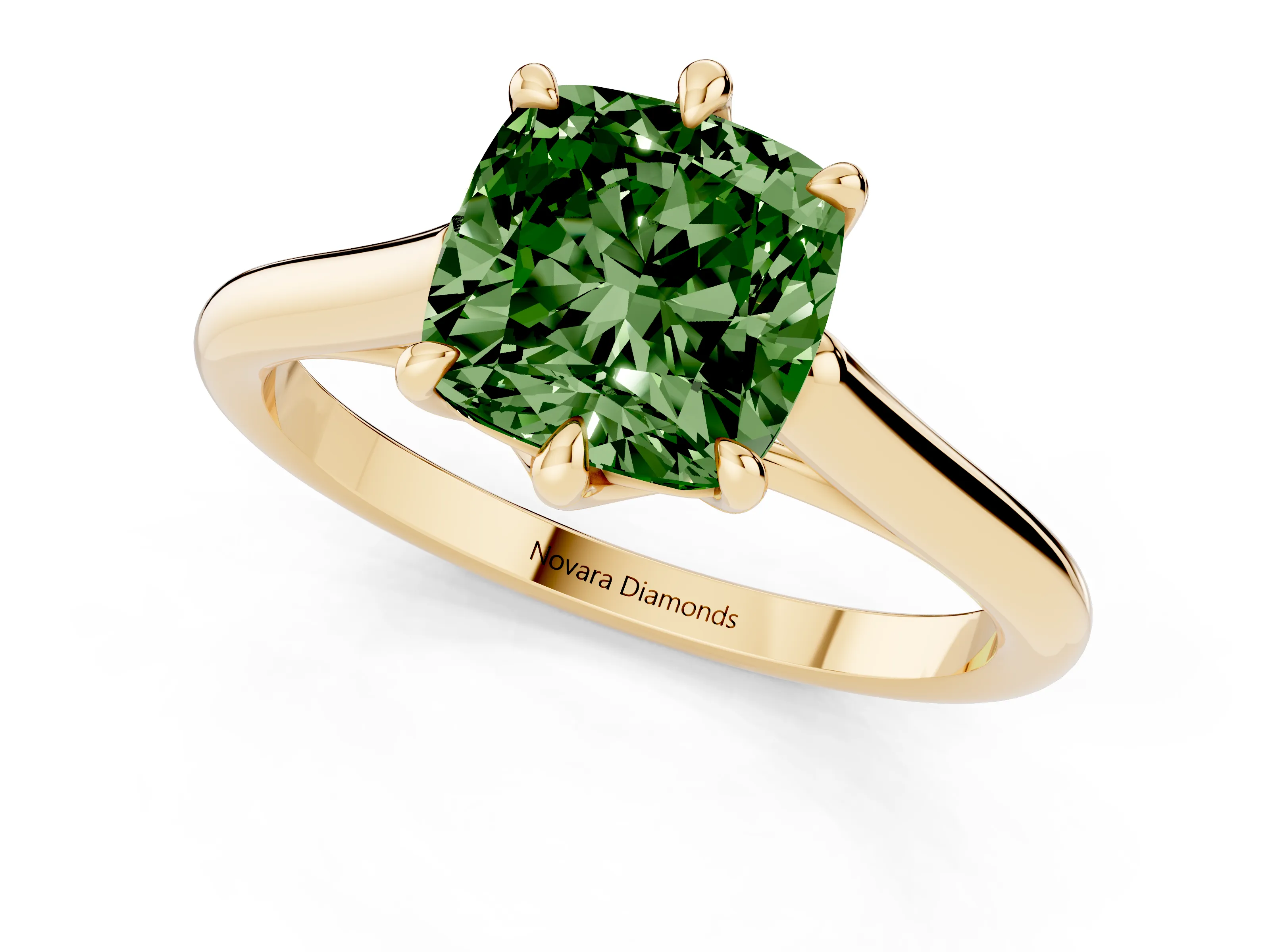 Fancy Green Cushion Cut Diamond Solitaire Engagement Ring Set in Yellow gold with Prong Setting and Plain Classic Band