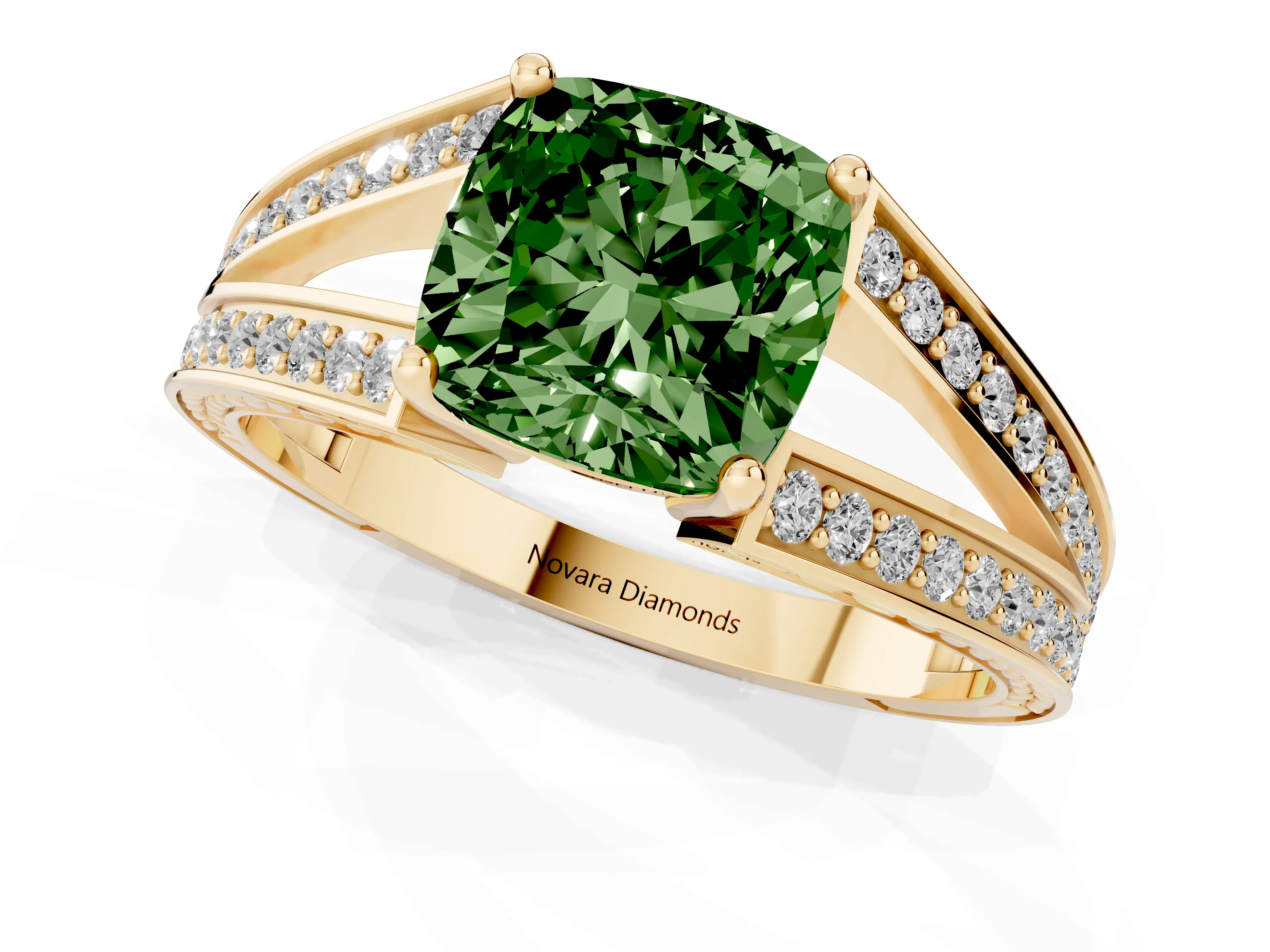 Fancy Green Cushion Cut Diamond Split Shank Ring Set in Yellow gold with Pavé Band and Prong Setting