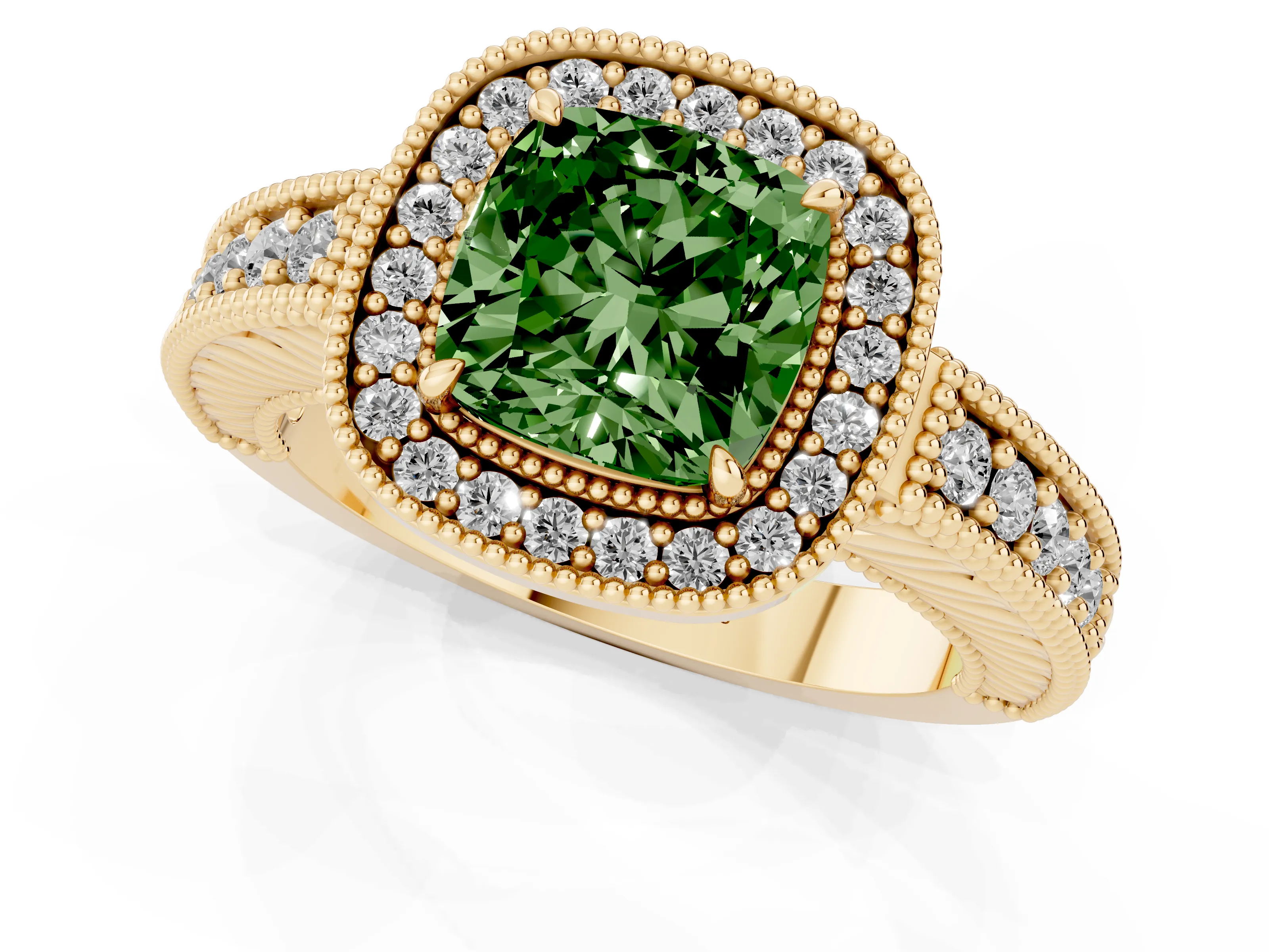 Fancy Green Cushion Cut Diamond Halo Ring Set in Yellow gold with Round Accent Halo, Pavé Band and Prong Setting