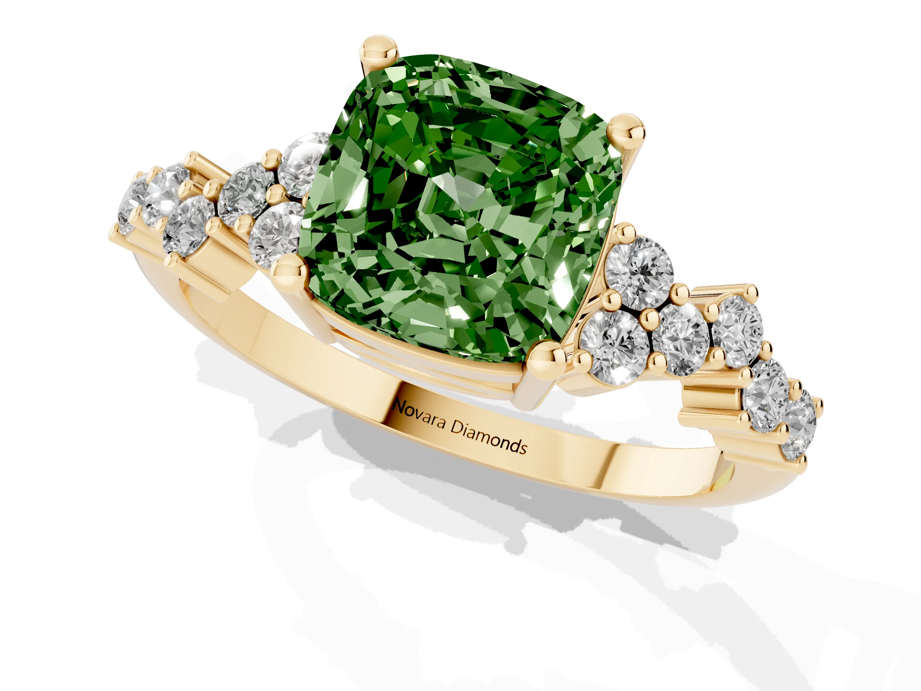 Fancy Green Cushion Cut Diamond Ring Set in Yellow gold with Scattered Round Accents