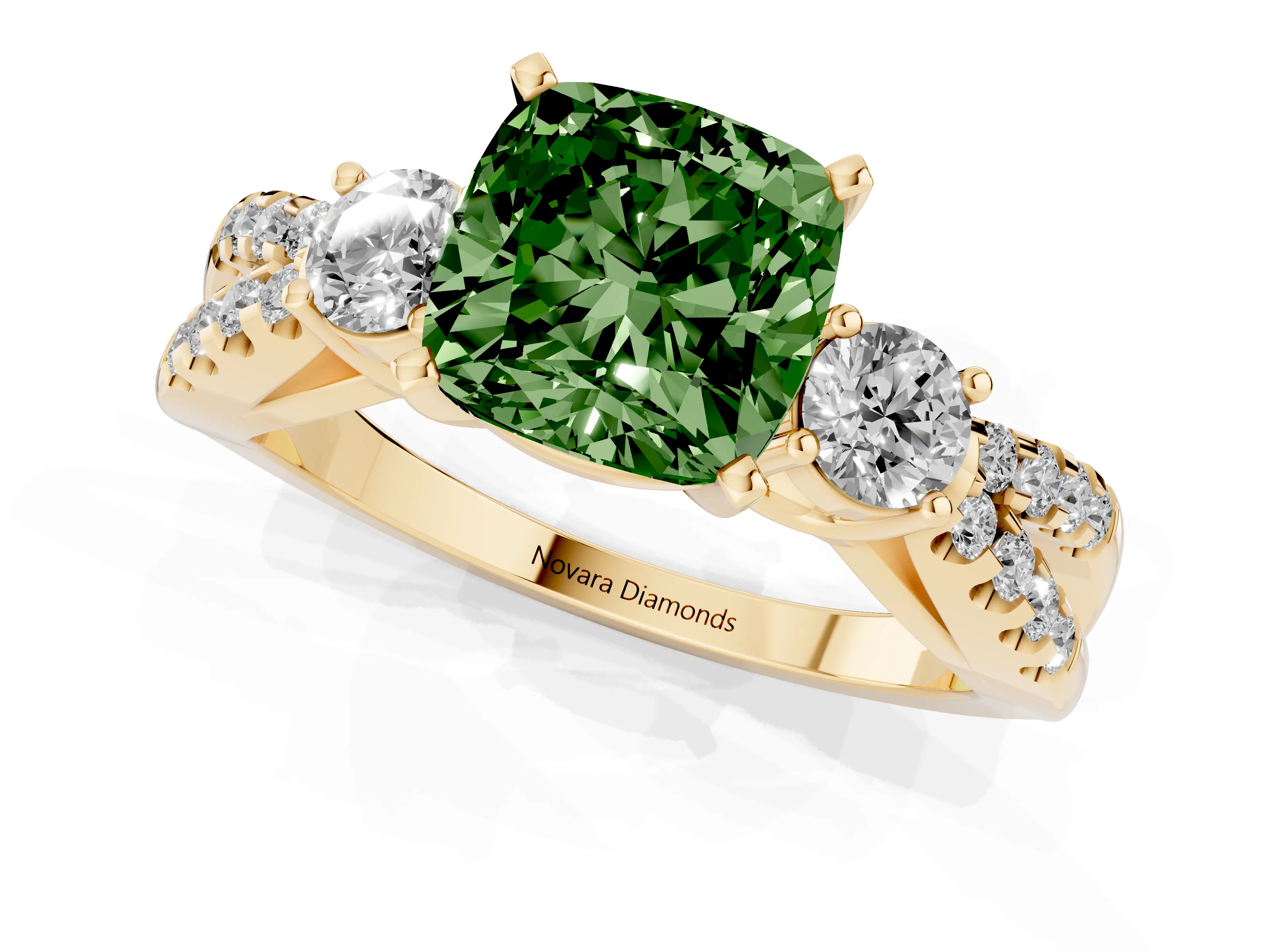 Fancy Green Cushion Cut Diamond Three-Stone Ring Set in Yellow gold with Pavé Split Shank and Prong Setting