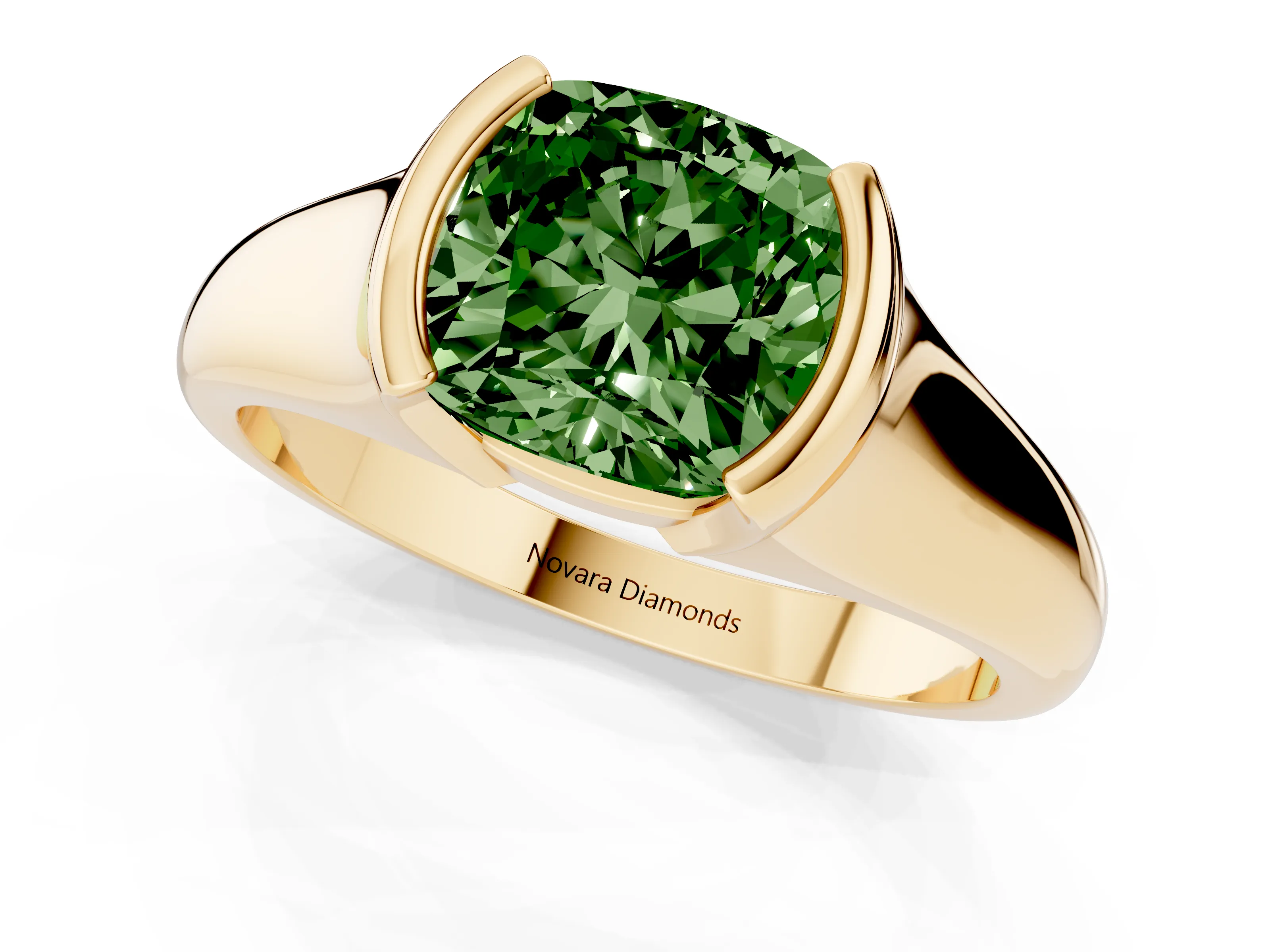 Fancy Green Cushion Cut Diamond Solitaire Tension Set Ring Set in Yellow gold with Split Shank Band