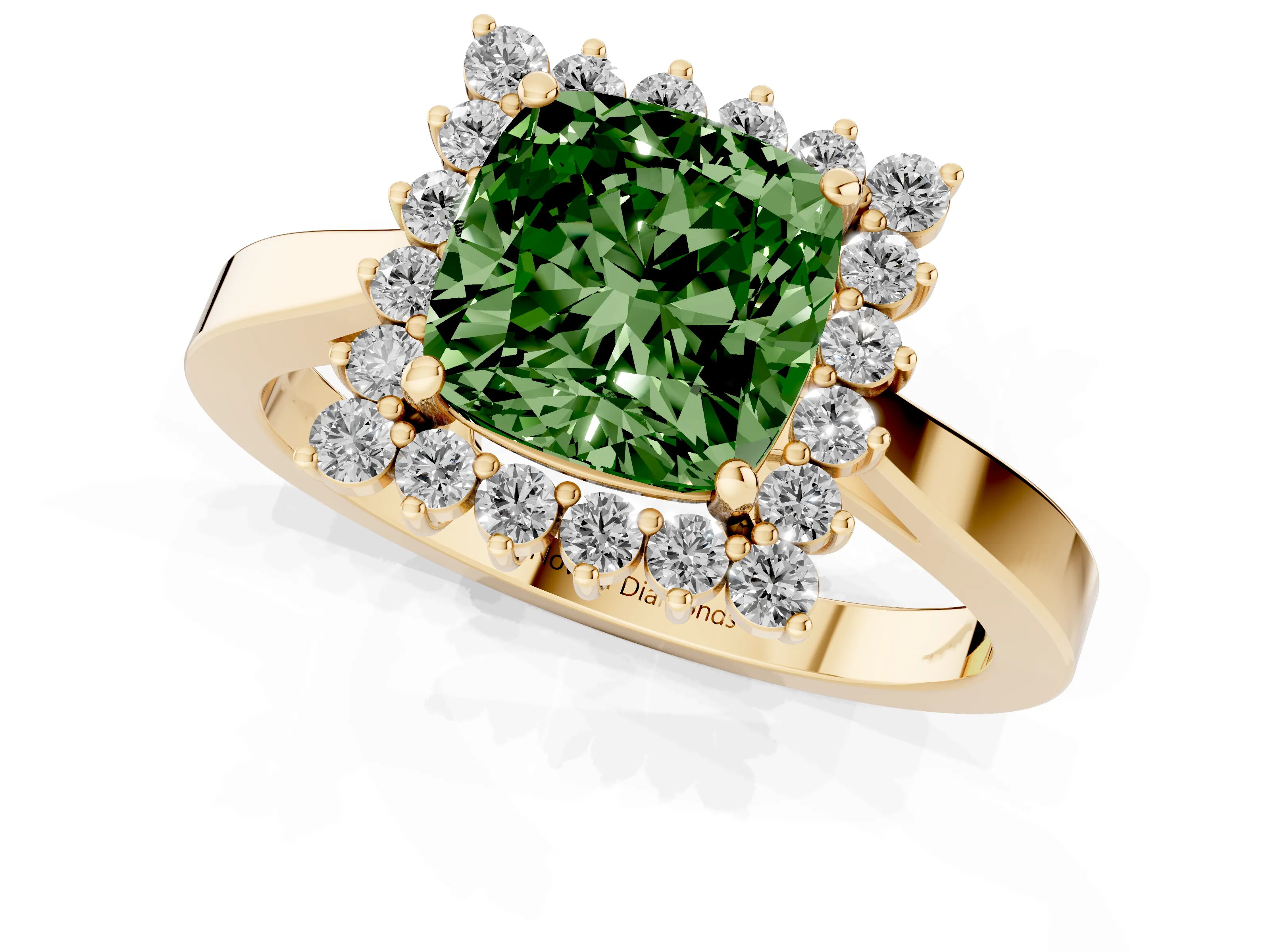 Fancy Green Cushion Cut Diamond Halo Ring Set in Yellow gold with Round Halo and Smooth Solitaire Band