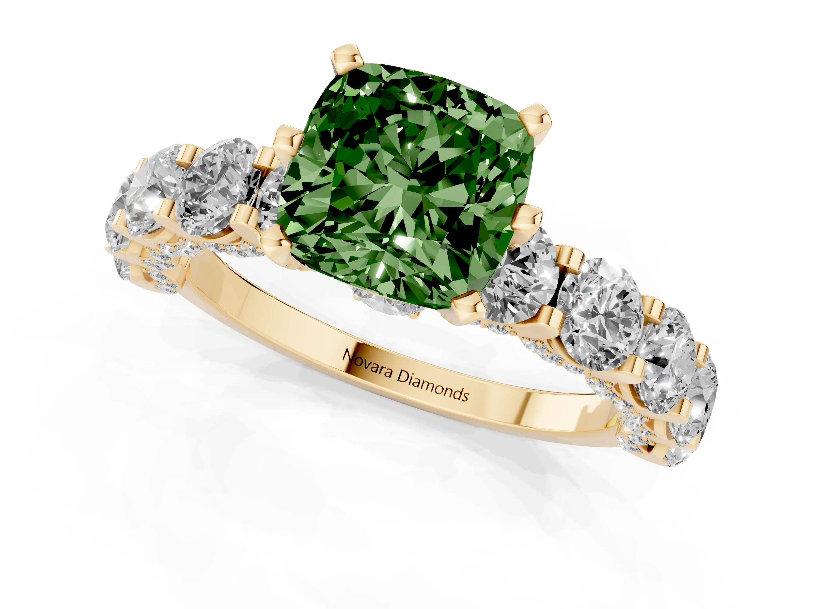 Fancy Green Cushion Cut Diamond Side Stone Ring Set in Yellow gold with Alternating Round and Oval Side Stones – second view