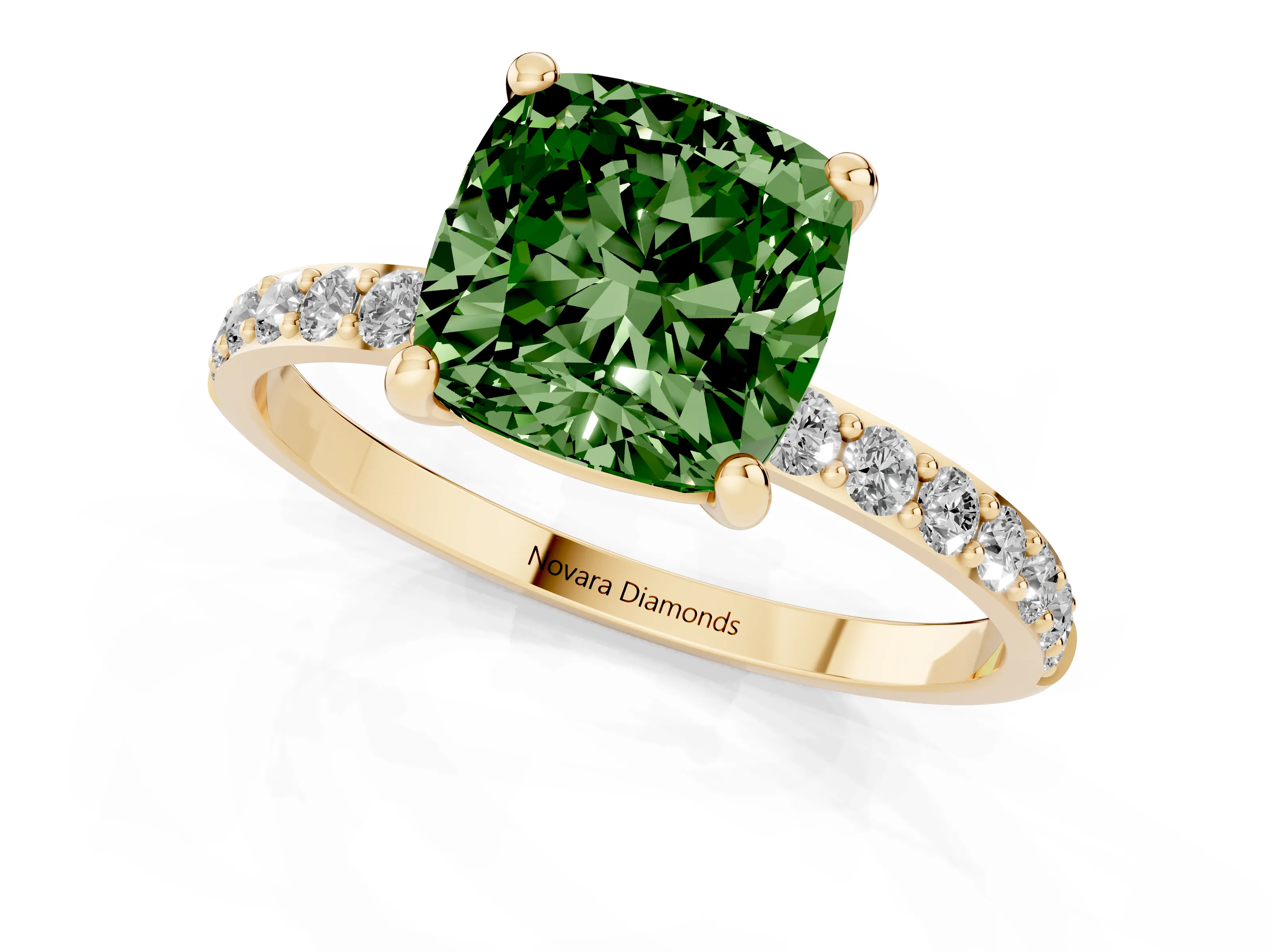 Fancy Green Cushion Cut Diamond Solitaire Ring Set in Yellow gold with Round Pavé Band and Prong Setting