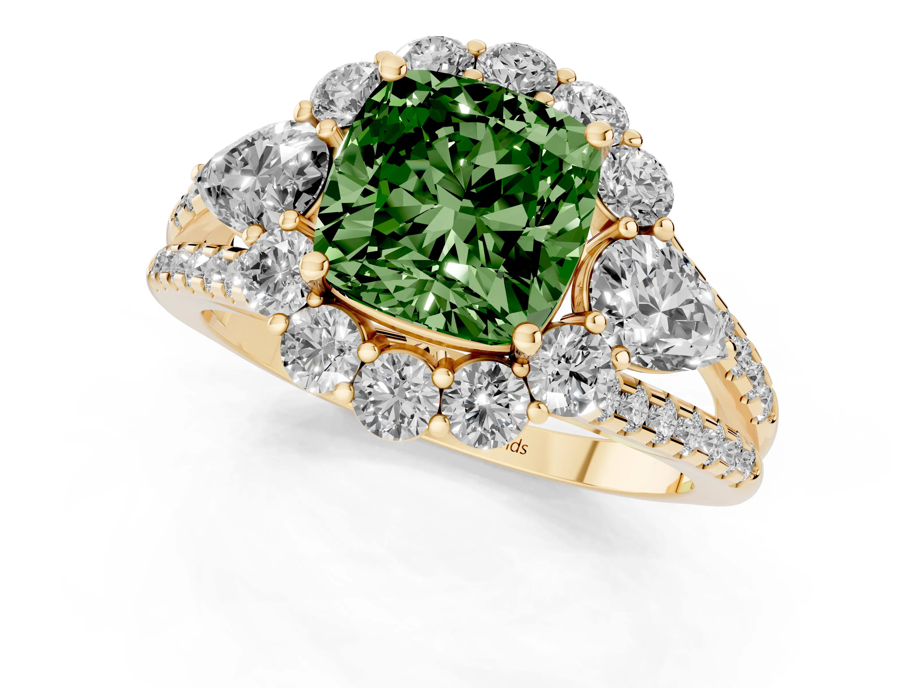 Fancy Green Cushion Cut Diamond Halo Split Shank Engagement Ring Set in Yellow gold with Prong-Held Center Stone