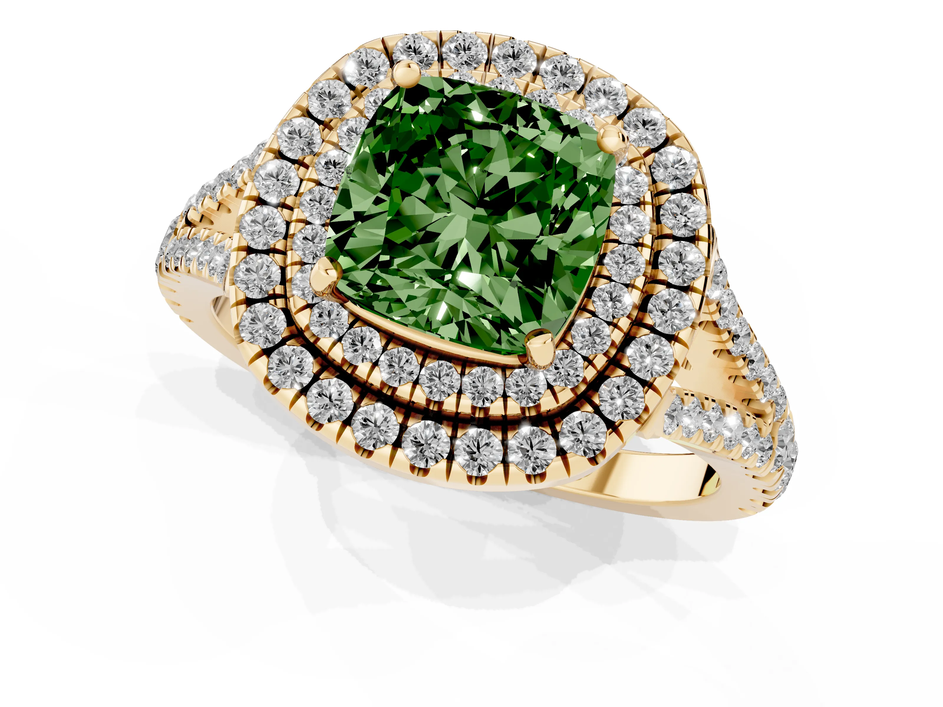 Fancy Green Cushion Cut Diamond Double Halo Ring Set in Yellow gold with Pavé Band