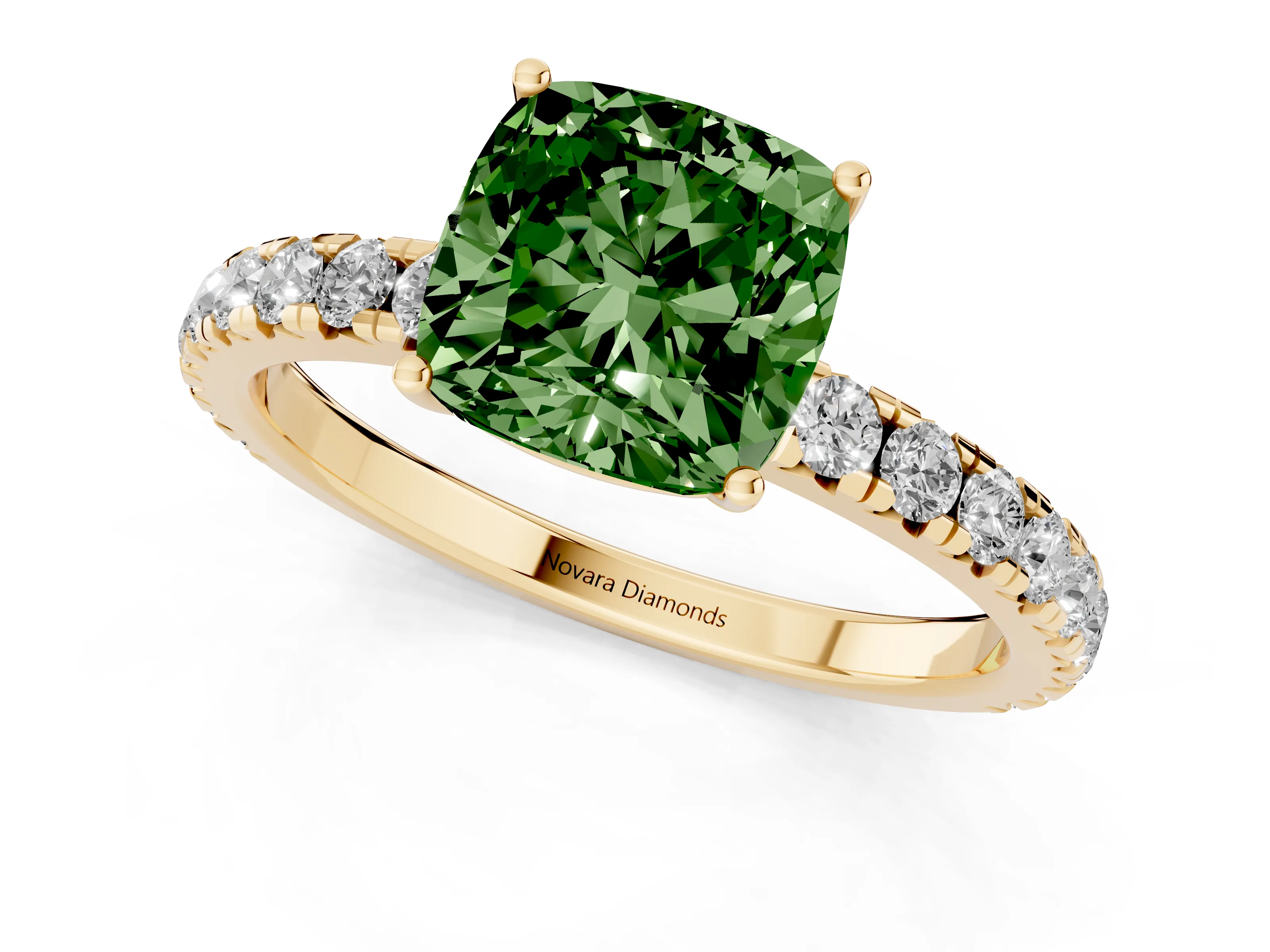 Fancy Green Cushion Cut Diamond Pavé Solitaire Engagement Ring Set in Yellow gold with Prong Setting
