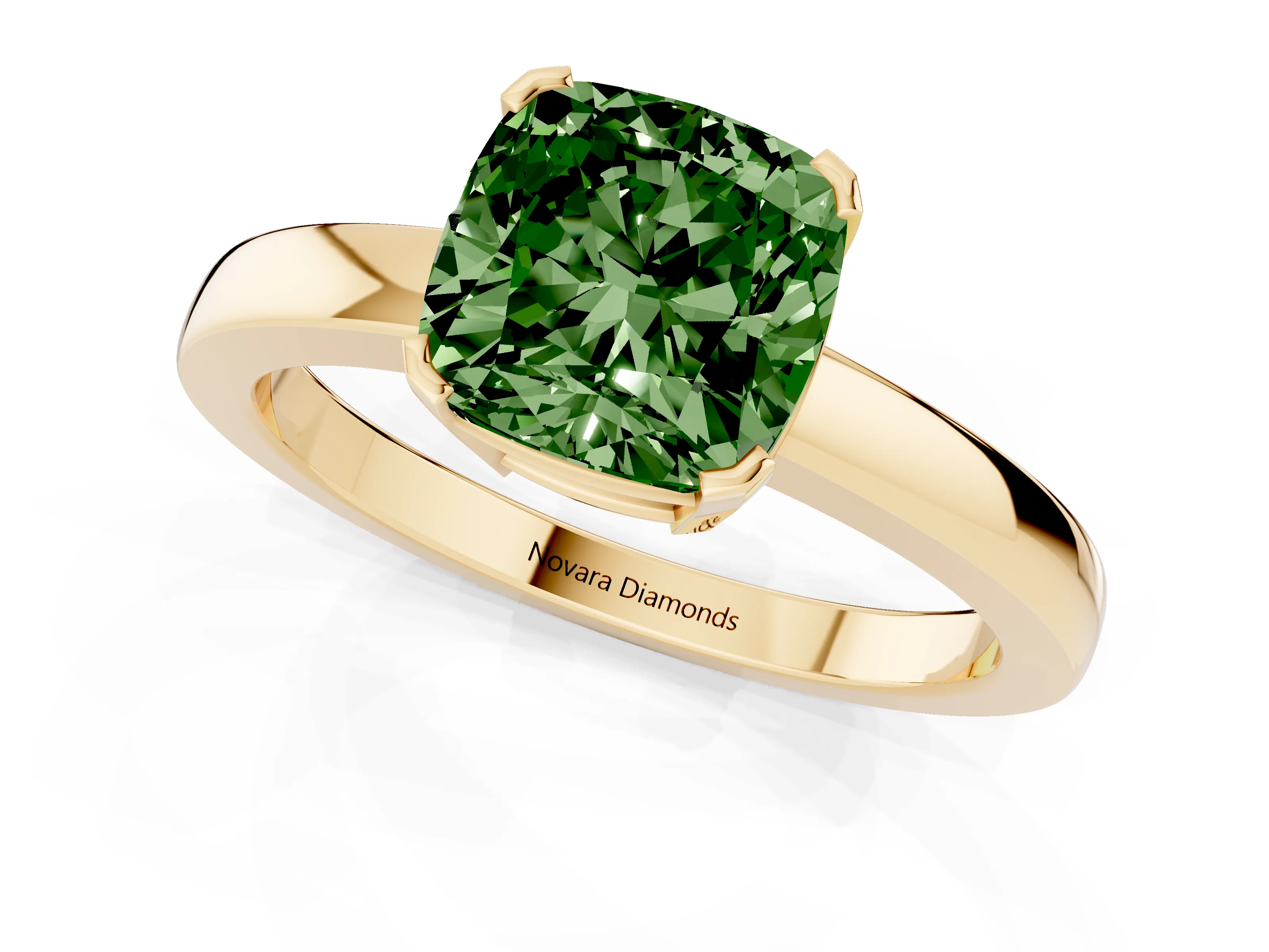 Fancy Green Cushion Cut Diamond Solitaire Ring Set in Yellow gold with Prong Head and Smooth Polished Band
