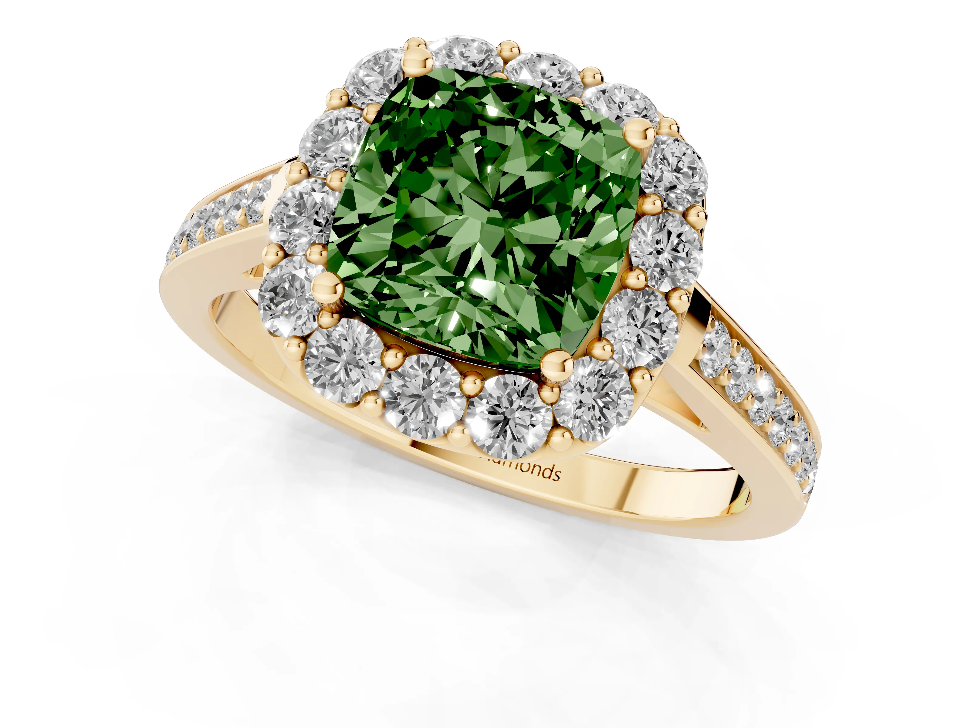 Fancy Green Cushion Cut Diamond Floral Halo Ring Set in Yellow gold with Pavé Band and Prong Setting