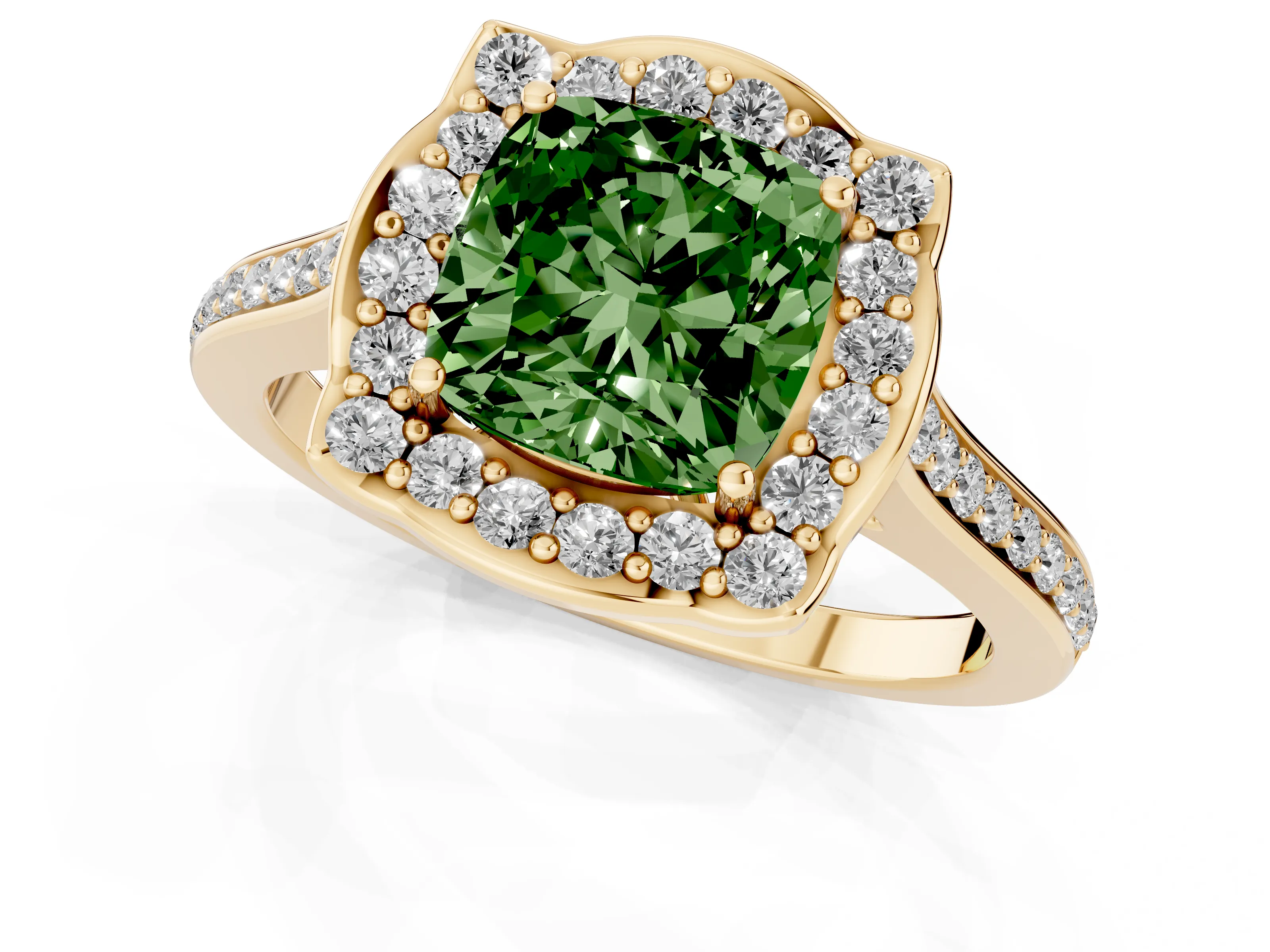 Fancy Green Cushion Cut Diamond Halo Ring Set in Yellow gold with Pavé-Lined Shoulders and Prong Setting