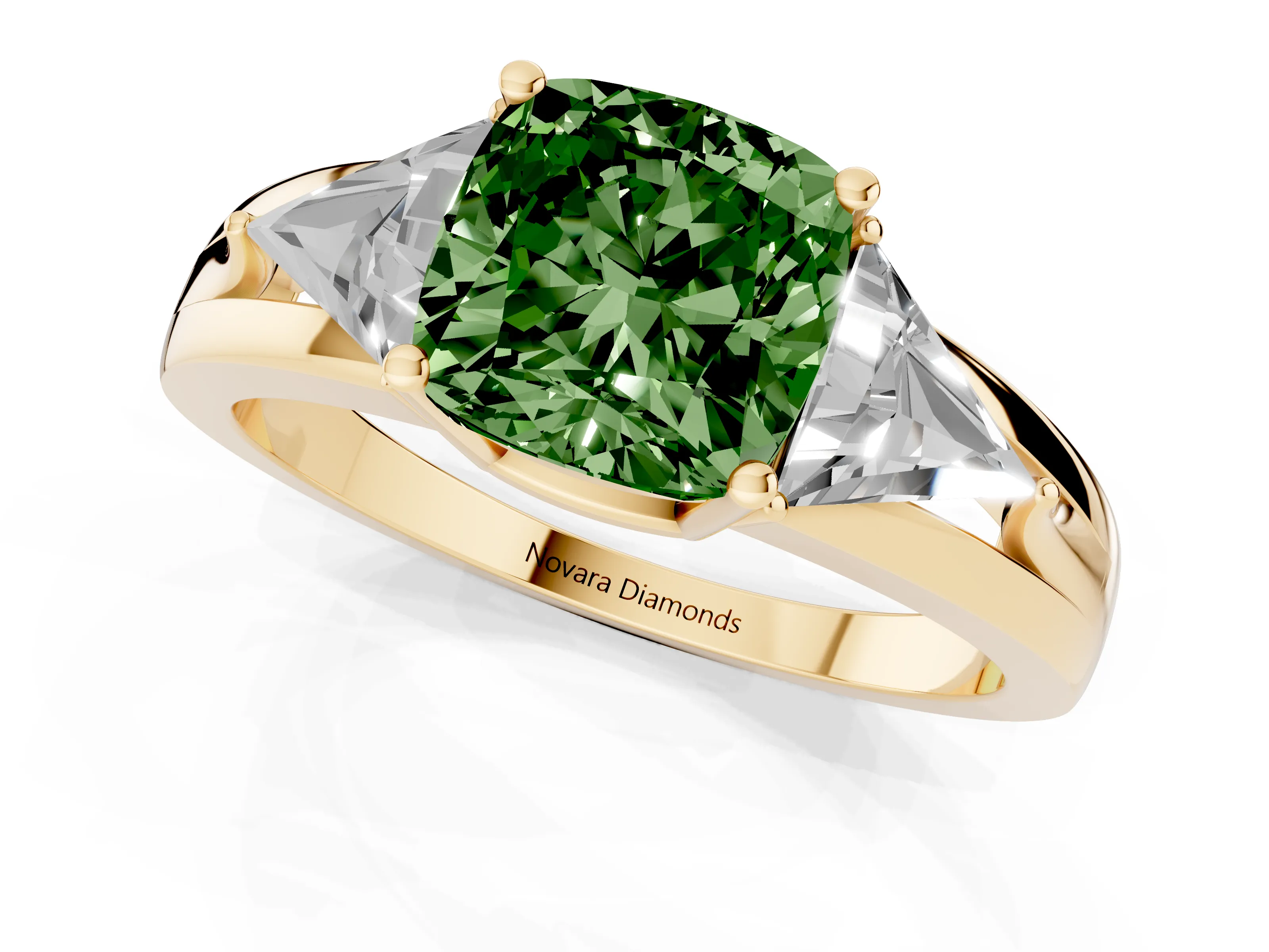 Fancy Green Cushion Cut Diamond Three-Stone Ring Set in Yellow gold with Trillion Side Stones and Split Shank