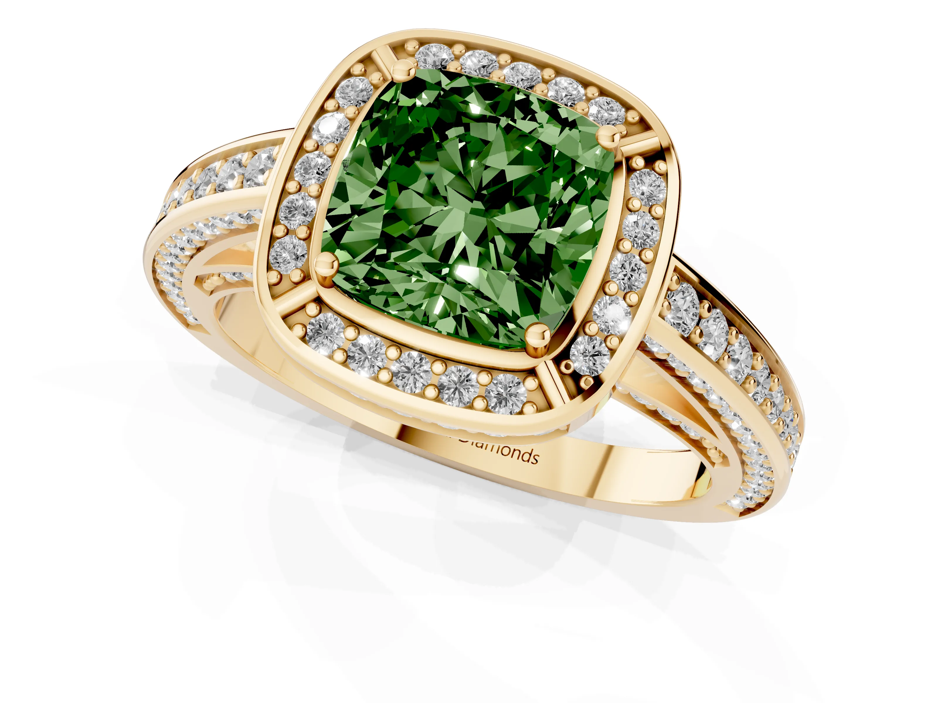 Fancy Green Cushion Cut Diamond Halo Pavé Split Shank Ring Set in Yellow gold with Prong Setting
