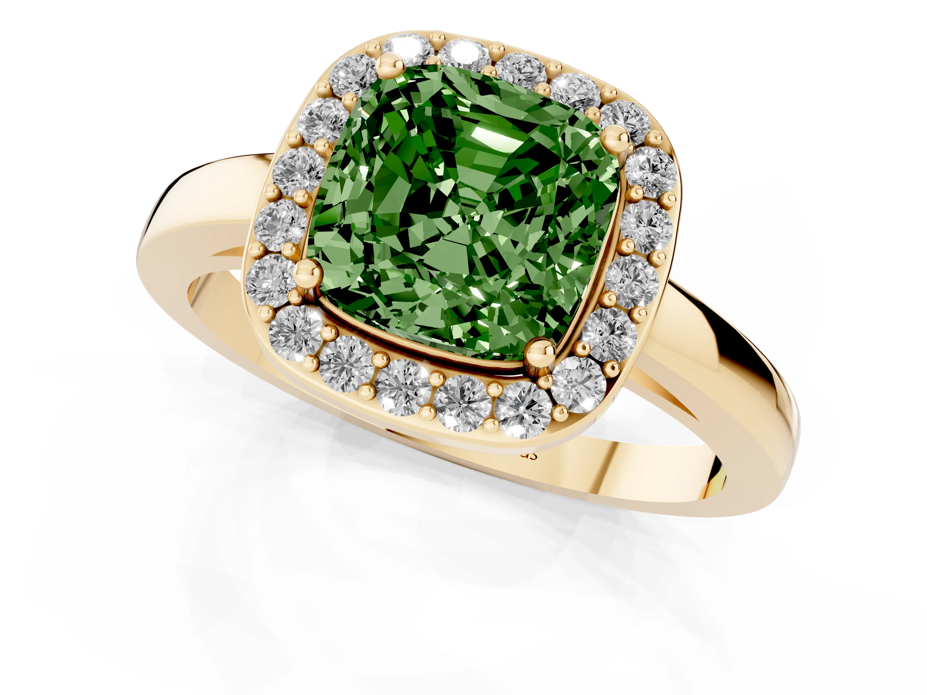 Fancy Green Cushion Cut Diamond Halo Ring Set in Yellow gold with Solitaire Band and Prong Setting