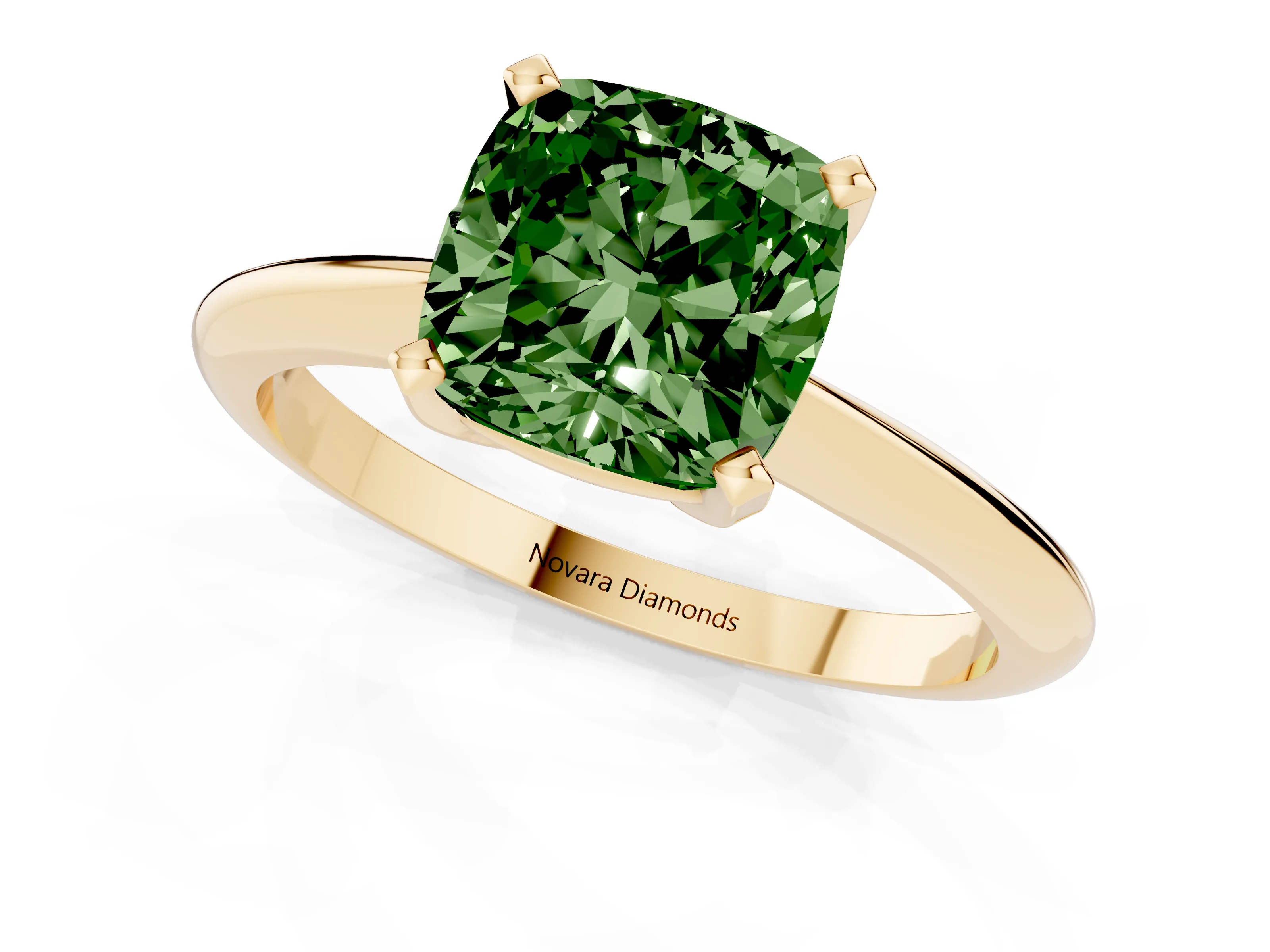Fancy Green Cushion Cut Diamond Solitaire Ring Set in Yellow gold with Prong Setting on a Plain Round Band