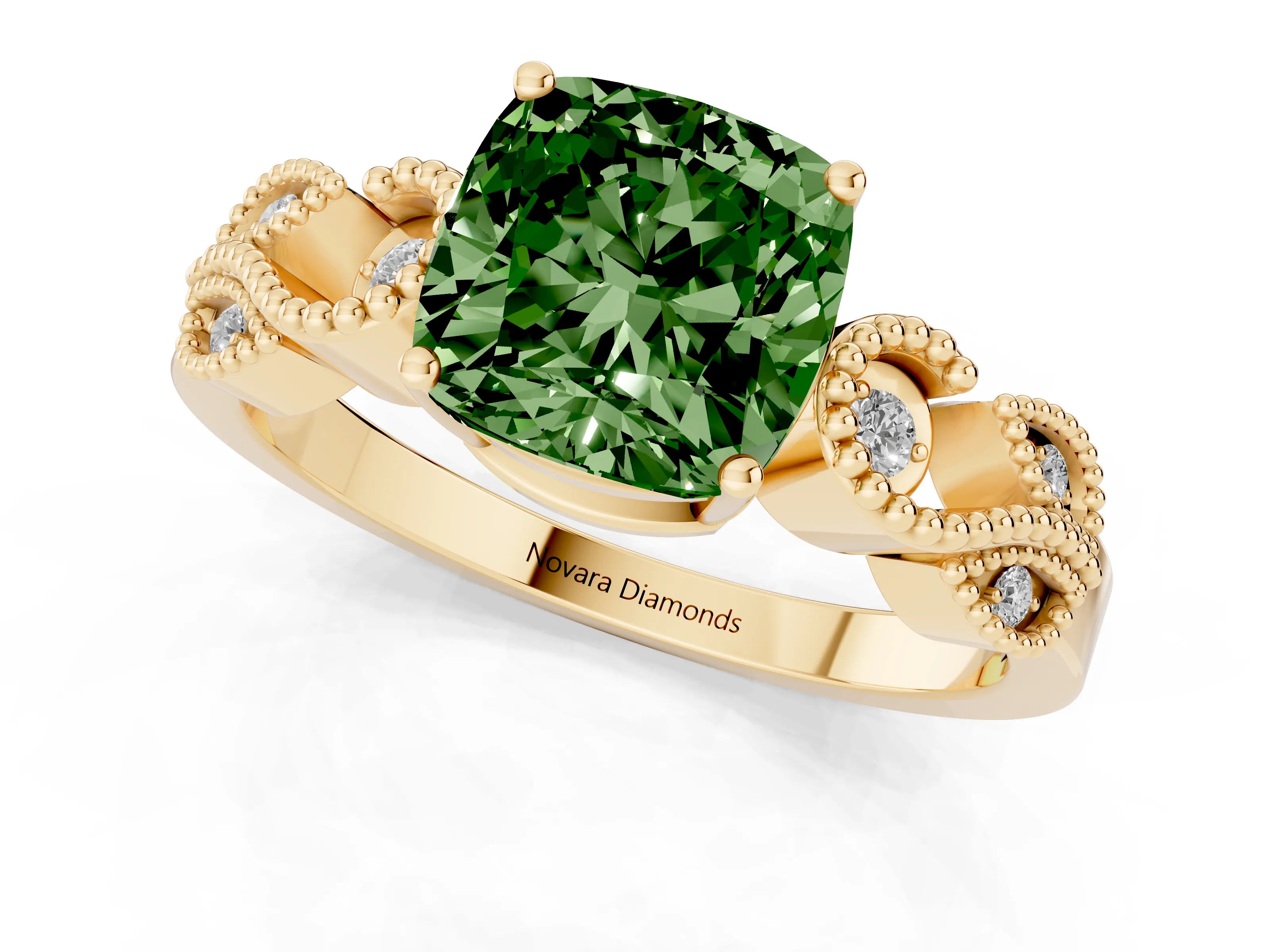 Fancy Green Cushion Cut Diamond Milgrain Leaf Band Solitaire Ring Set in Yellow gold with Accent Stones and Prong Setting – second view