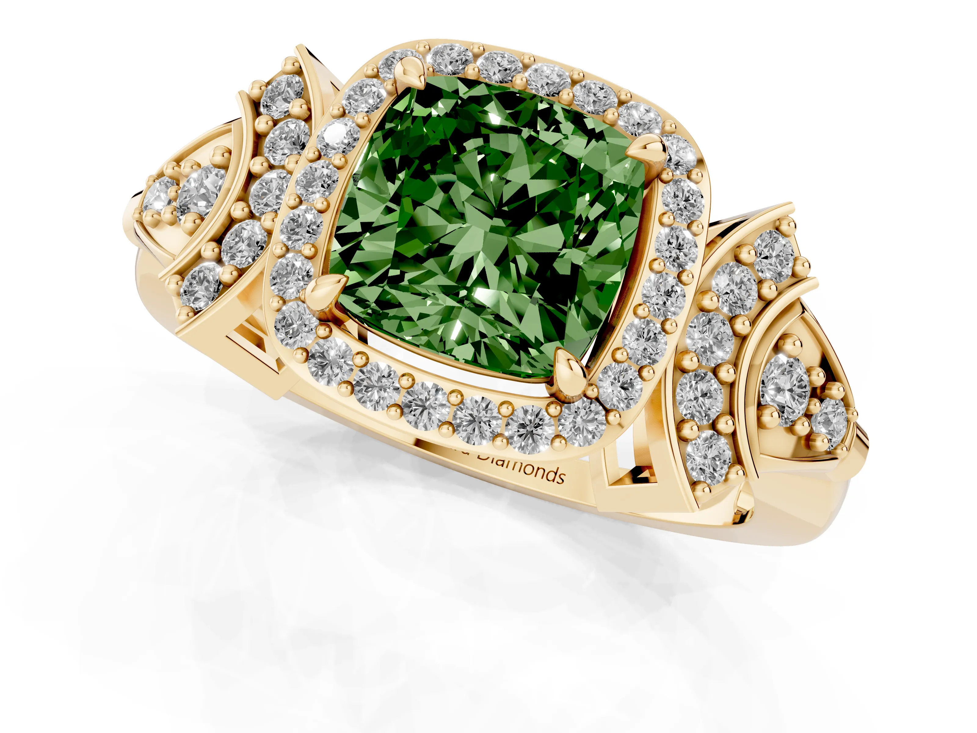 Fancy Green Cushion Cut Diamond Halo Engagement Ring Set in Yellow gold with Accent Stone Split Shank
