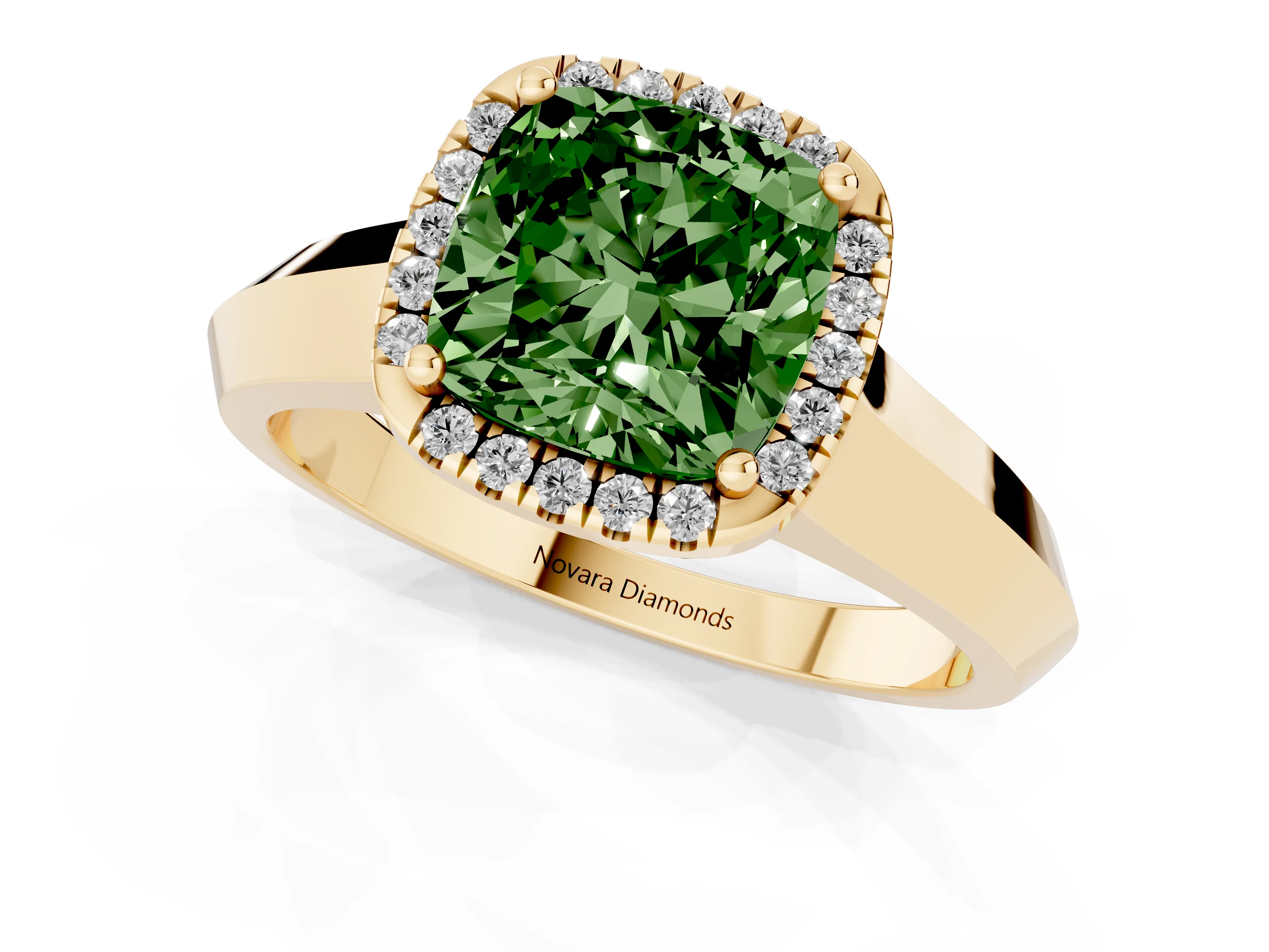 Fancy Green Cushion Cut Diamond Halo Ring Set in Yellow gold with Cathedral Band and Prong Setting