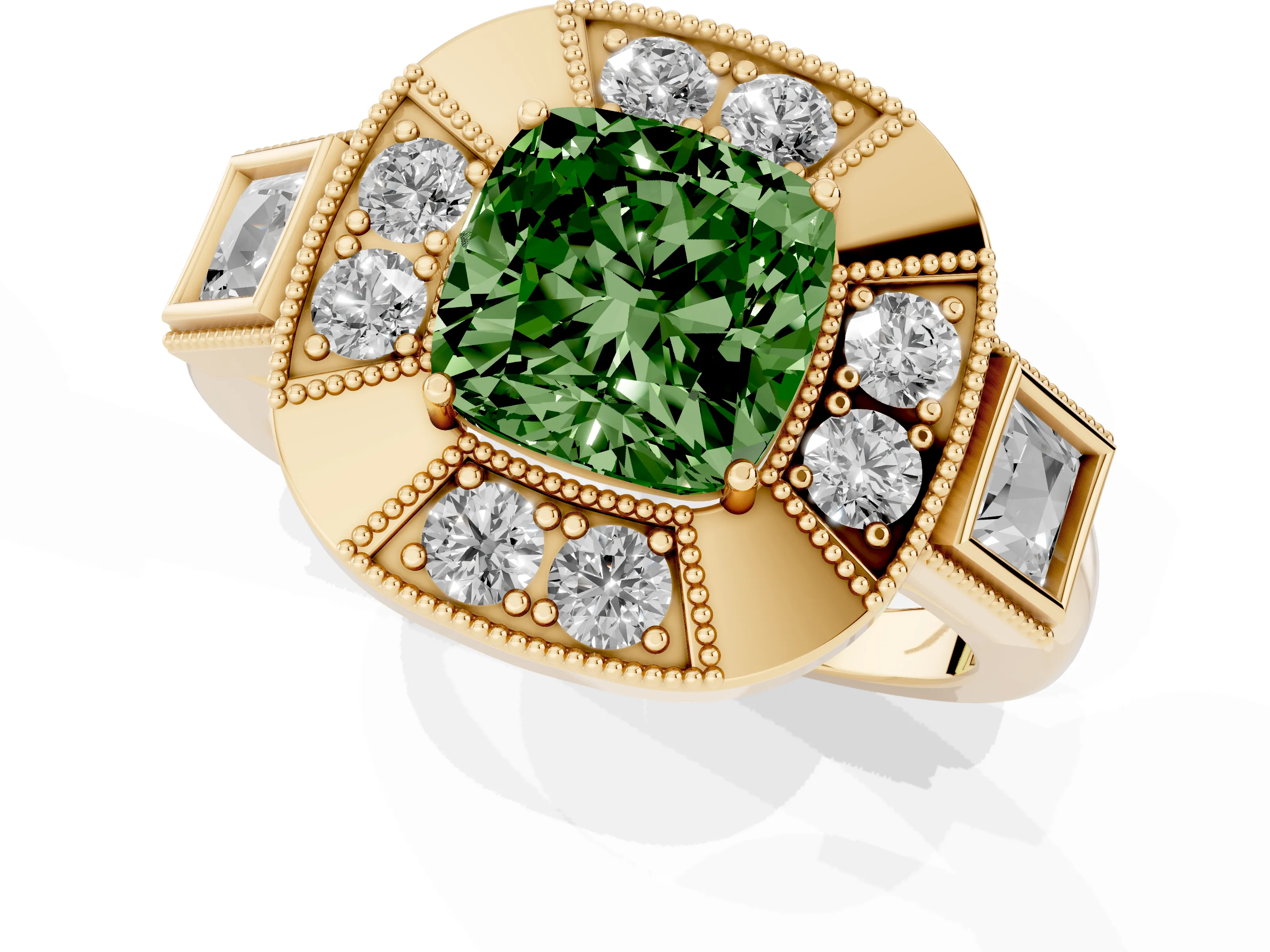 Fancy Green Cushion Cut Diamond Milgrain Halo Ring Set in Yellow gold with Split Shank
