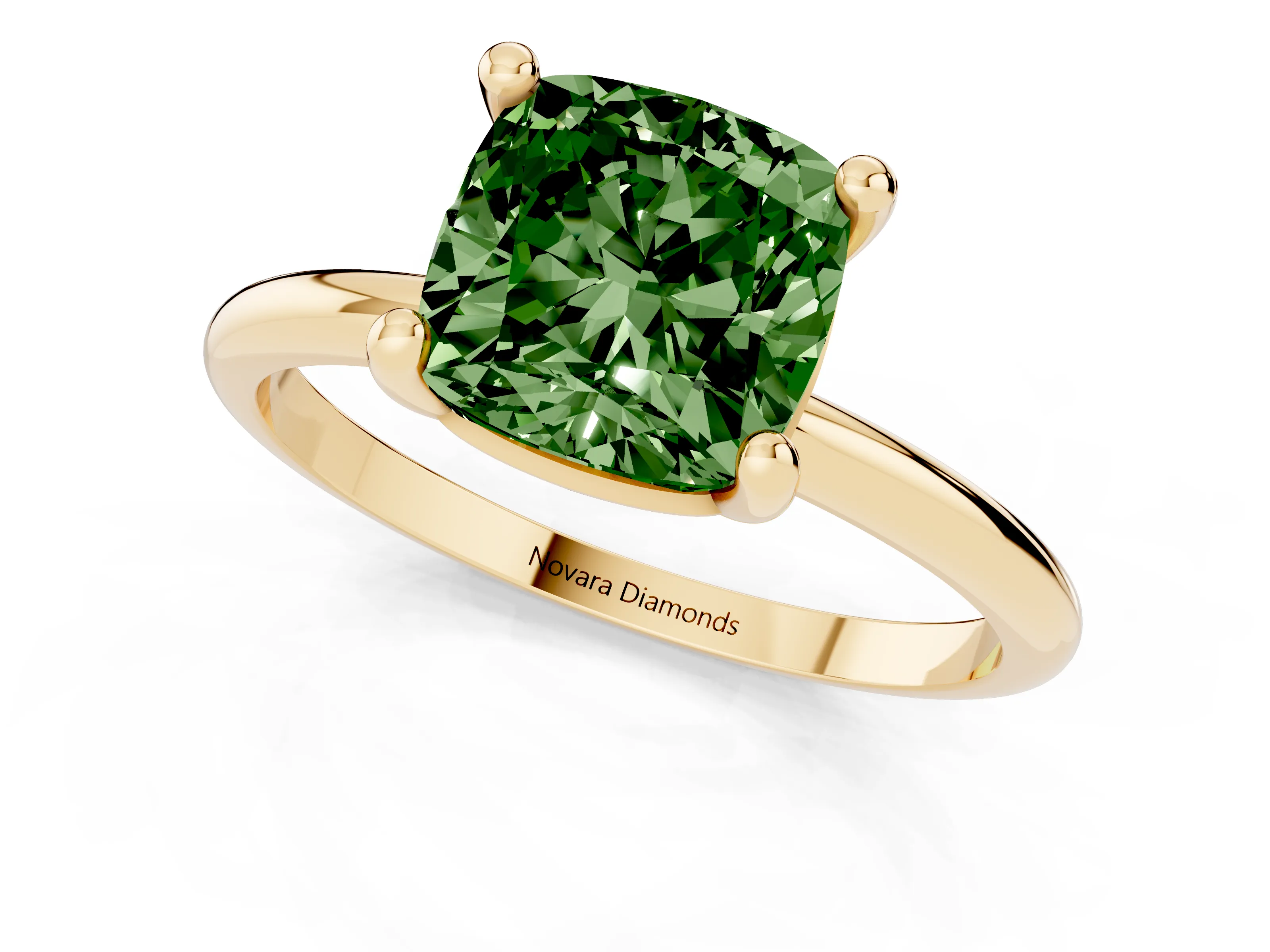 Fancy Green Cushion Cut Diamond Solitaire Ring Set in Yellow gold with Secure Prong Setting on a Classic Band
