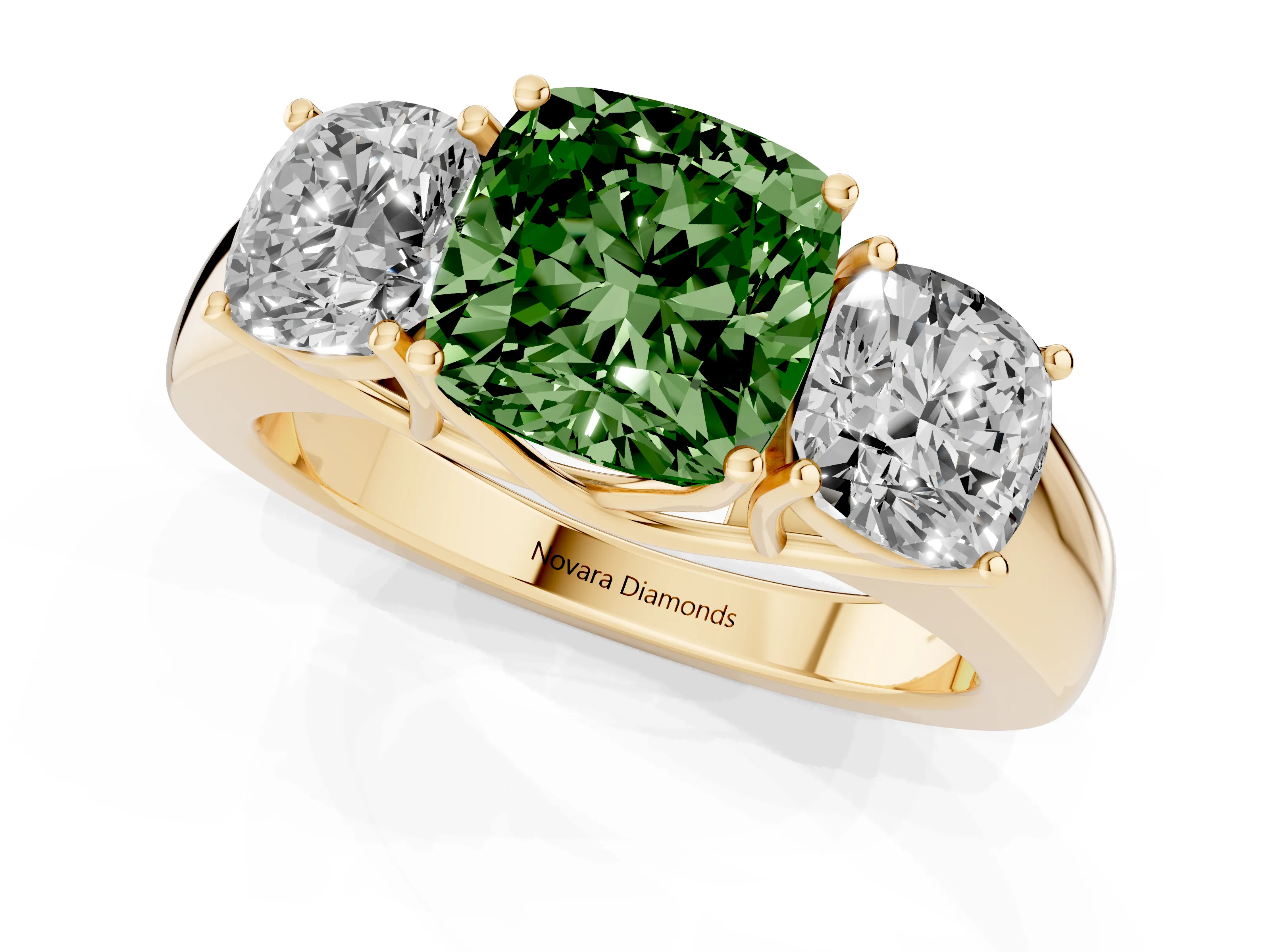 Fancy Green Three-Stone Cushion Cut Diamond Ring Set in Yellow gold with Matching Prong Settings and Plain Band