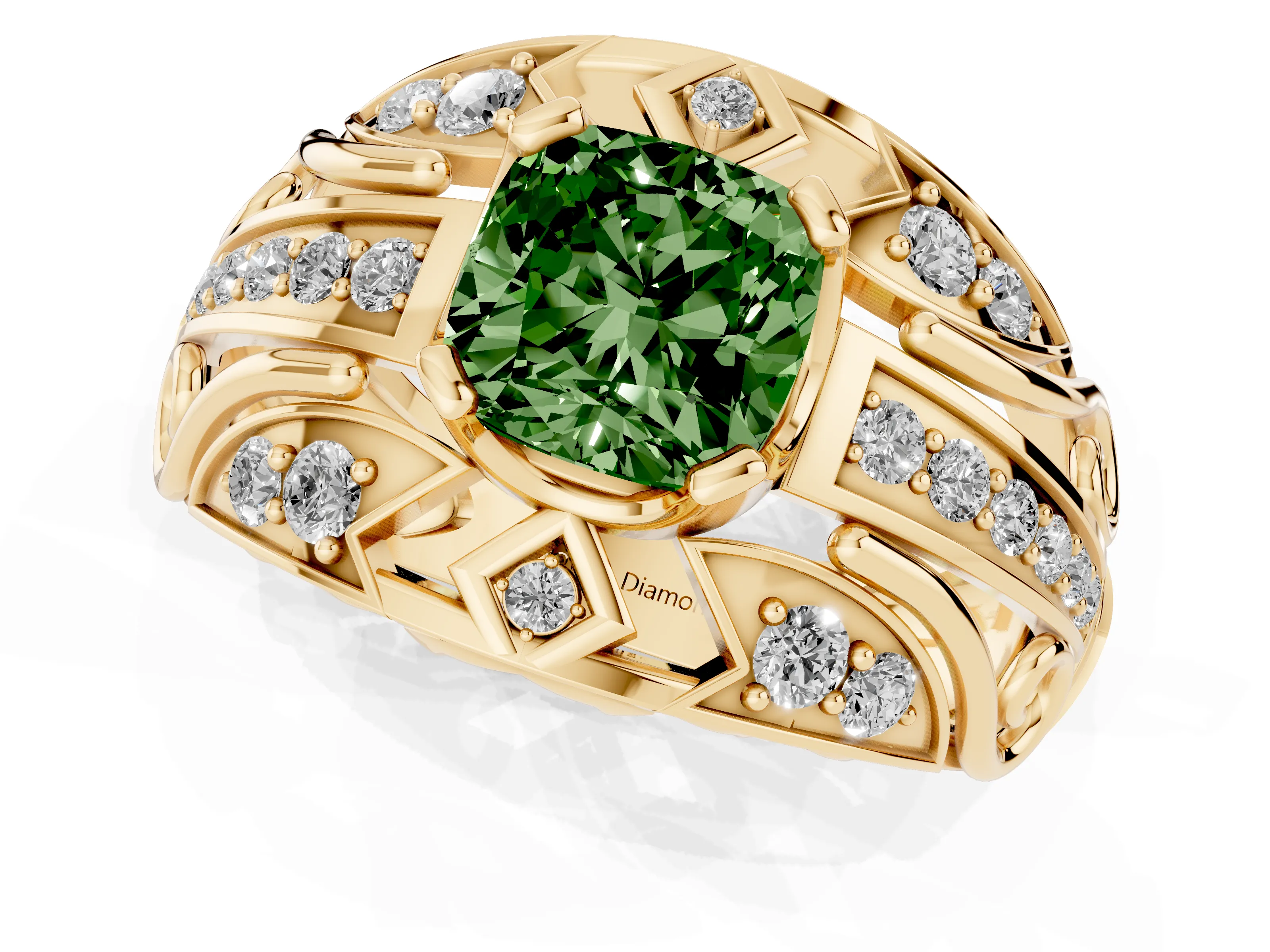 Fancy Green Cushion Cut Diamond Art Deco Ring Set in Yellow gold with Pavé Split Shank