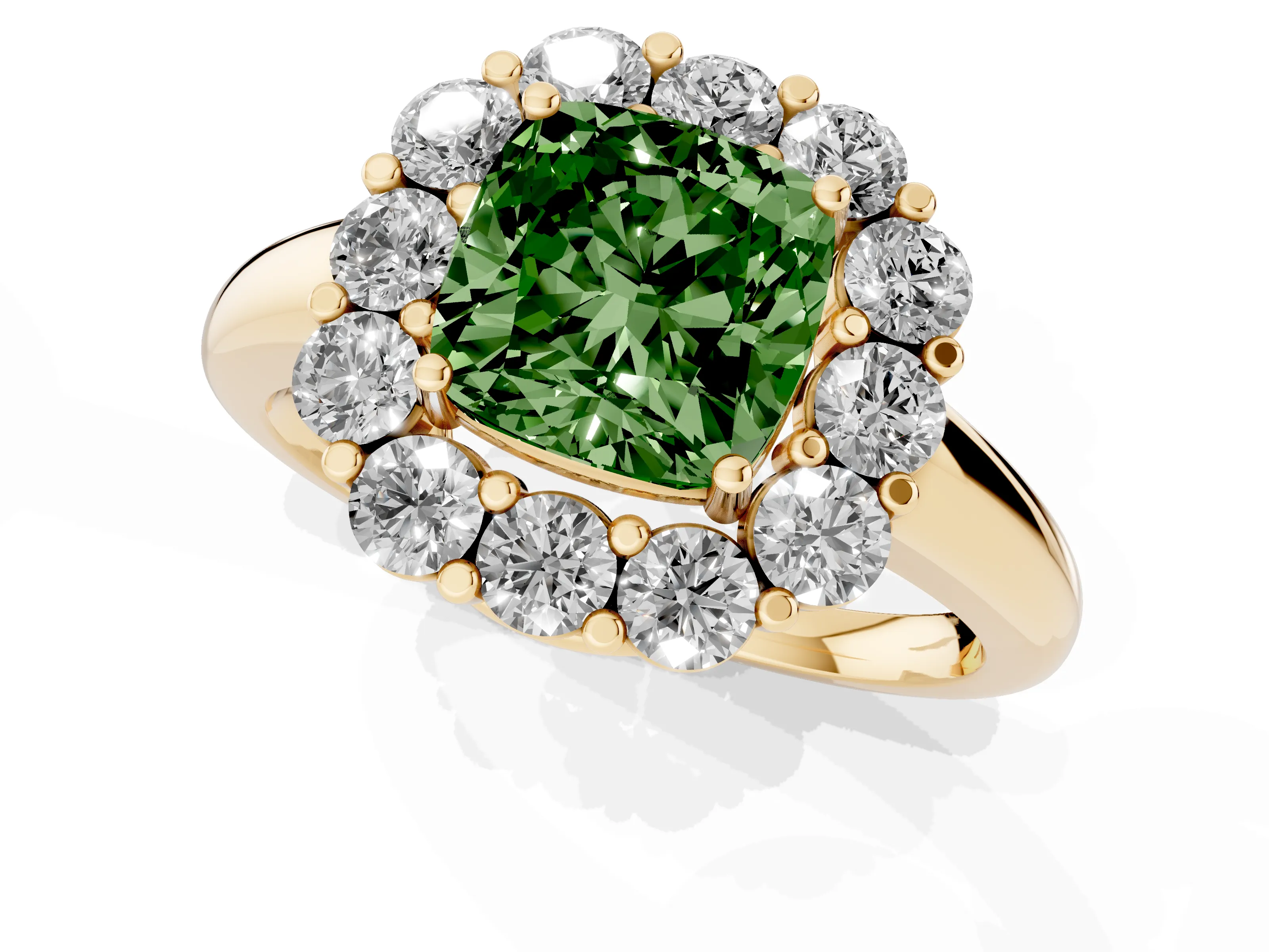 Fancy Green Cushion Cut Diamond Halo Cluster Engagement Ring Set in Yellow gold with Polished Band and Prong Setting