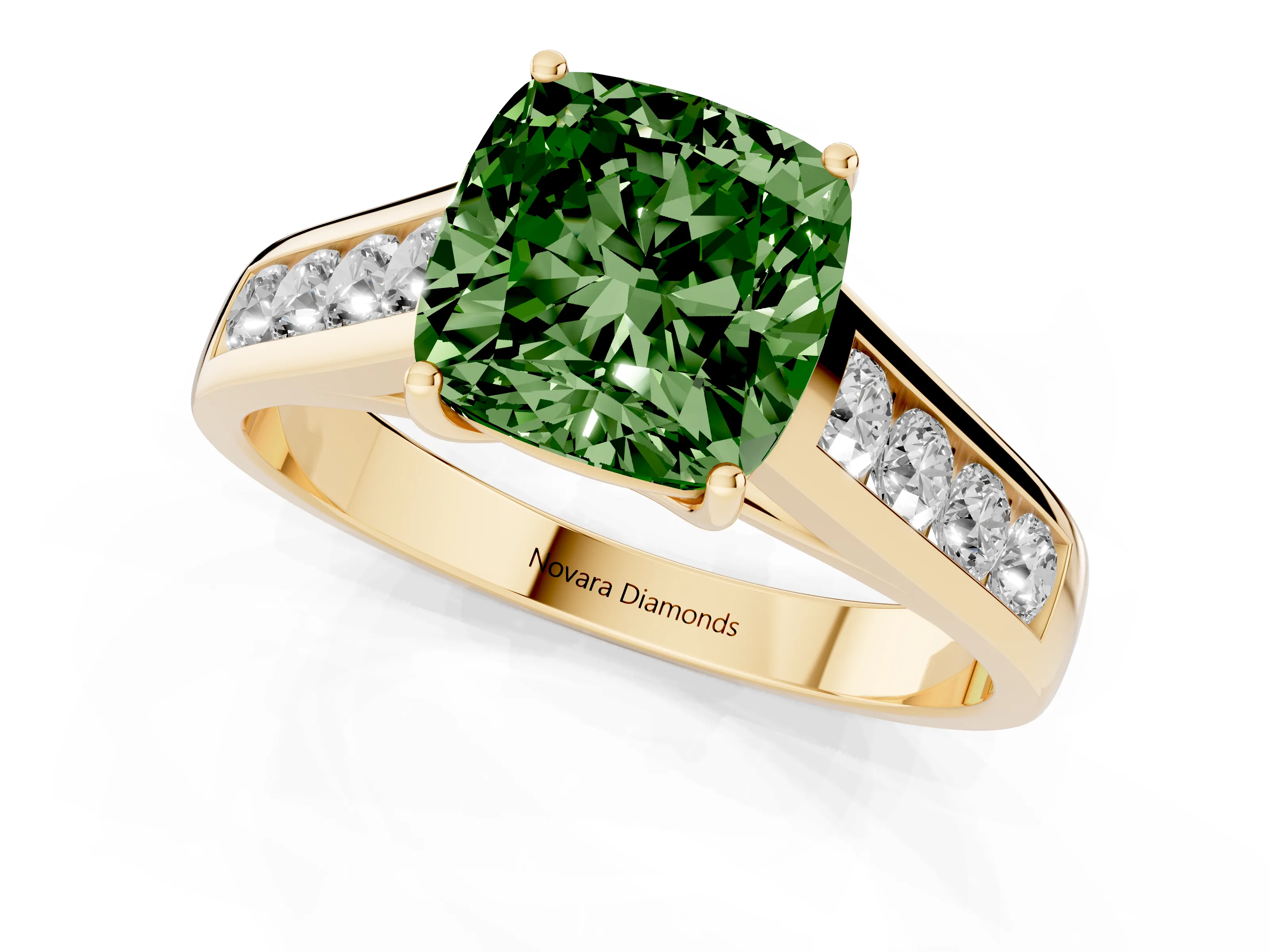 Fancy Green Cushion Cut Diamond Brilliant Channel-Set Solitaire Ring Set in Yellow gold with Prong Setting