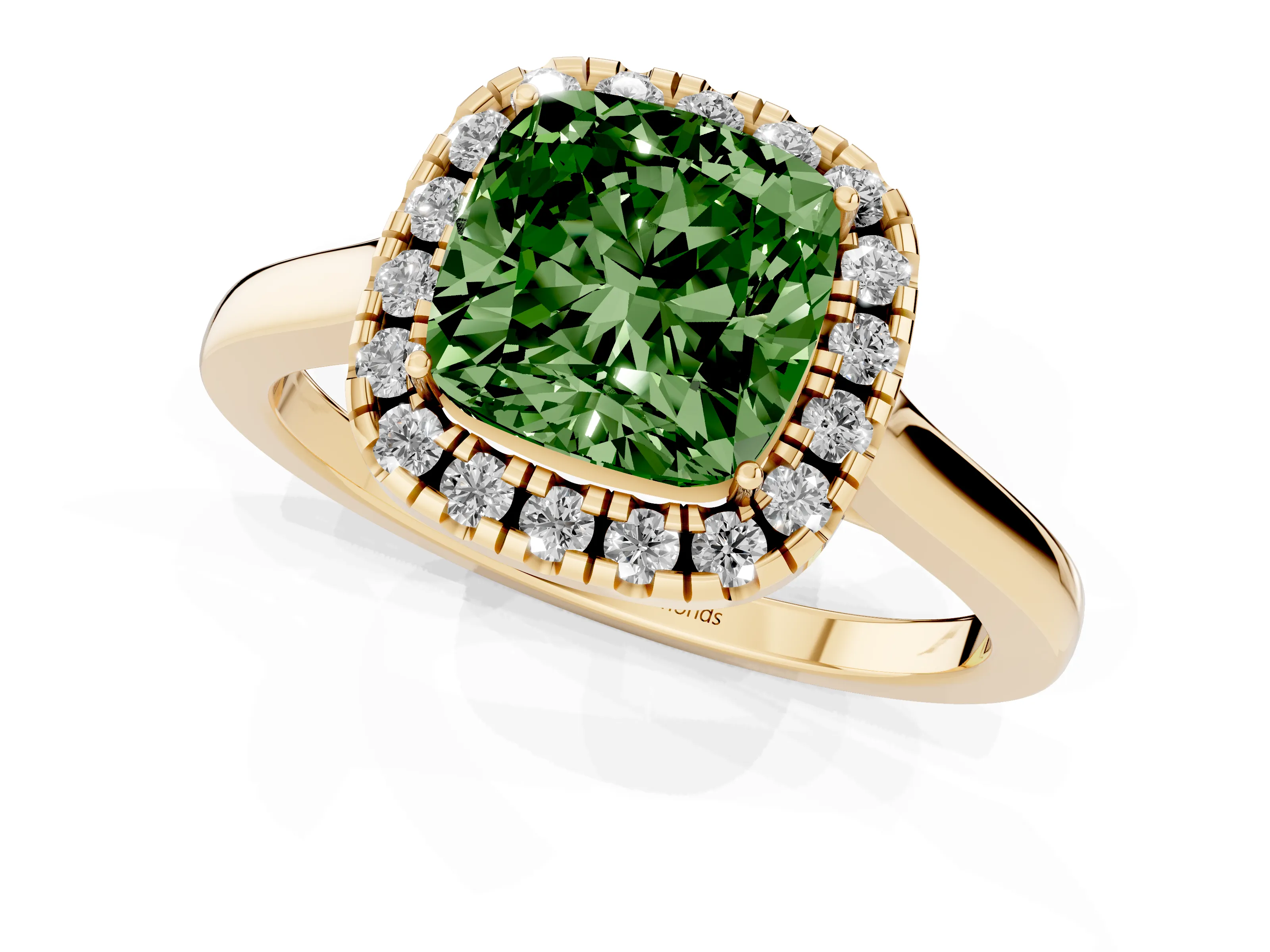 Fancy Green Cushion Cut Halo Round Diamond Solitaire Ring Set in Yellow gold with Pavé Band and Prong Setting