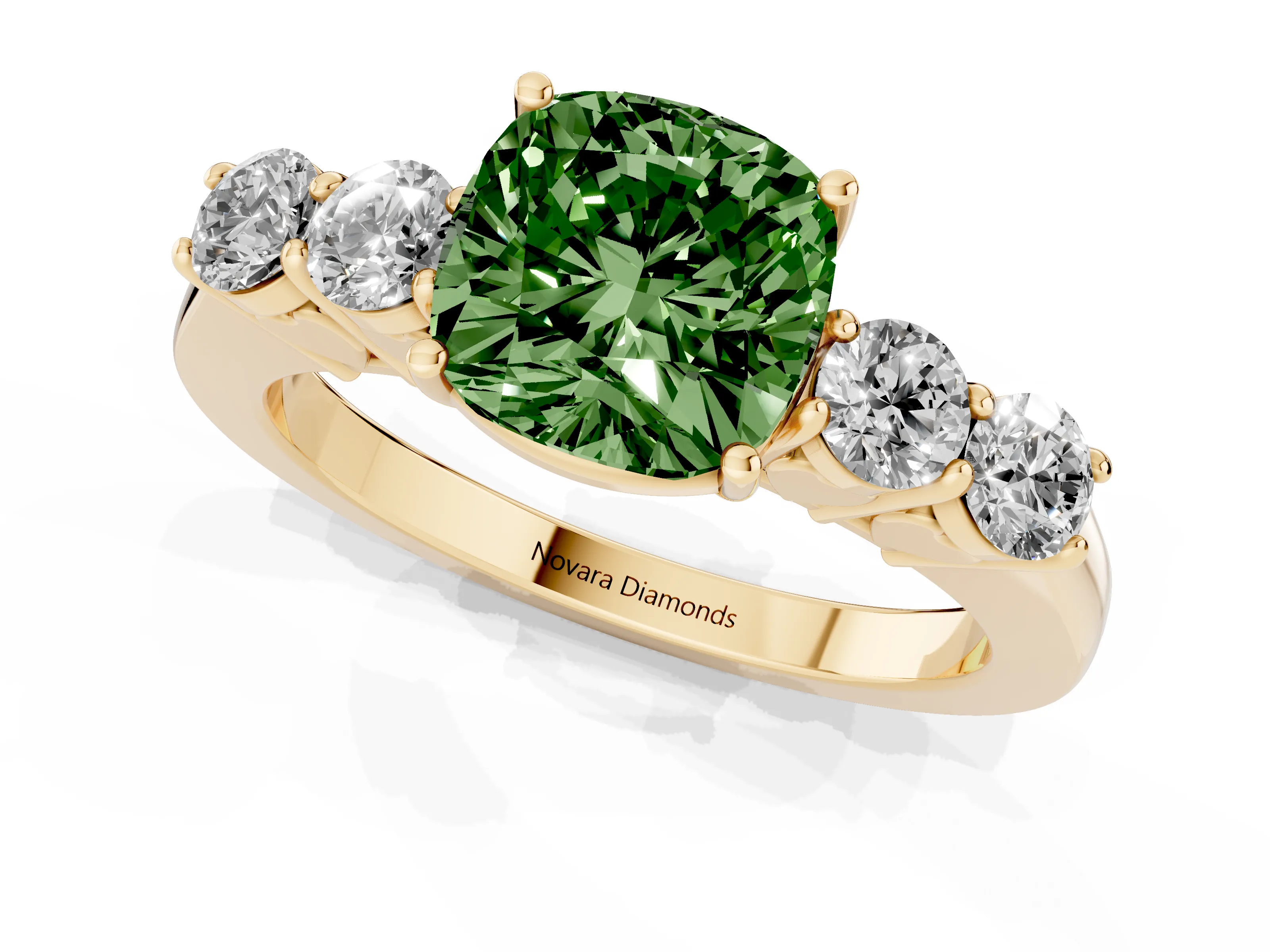 Fancy Green Cushion Cut Diamond Five-Stone Prong Set Band Ring Set in Yellow gold with Polished Band