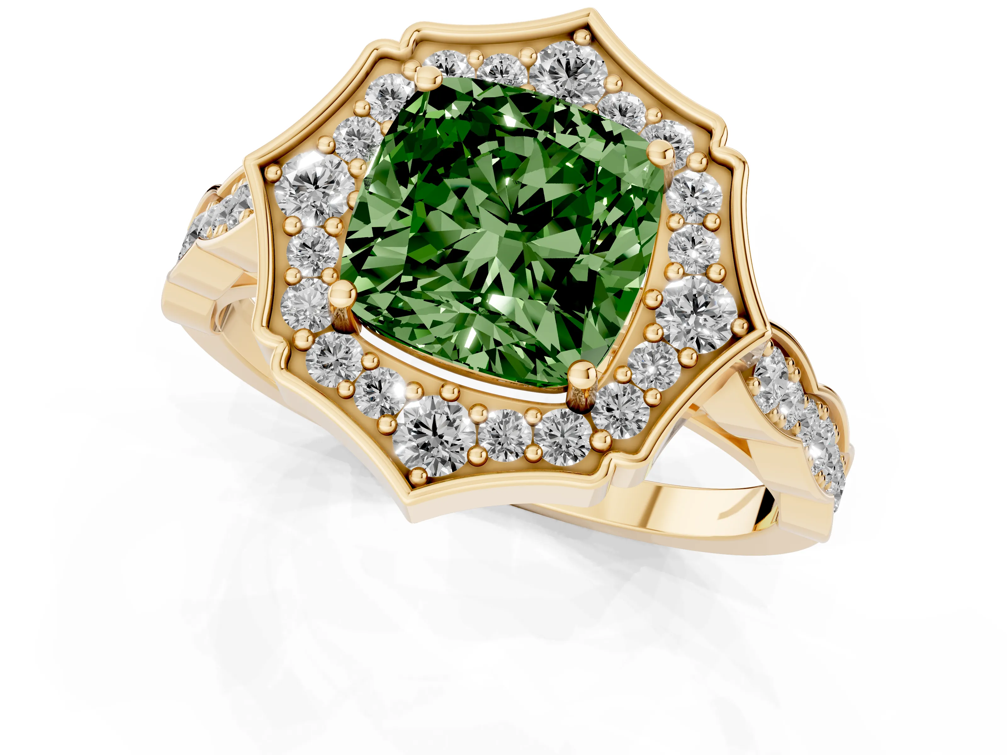 Fancy Green Cushion Cut Diamond Halo Engagement Ring Set in Yellow gold with Milgrain Band and Prong Setting