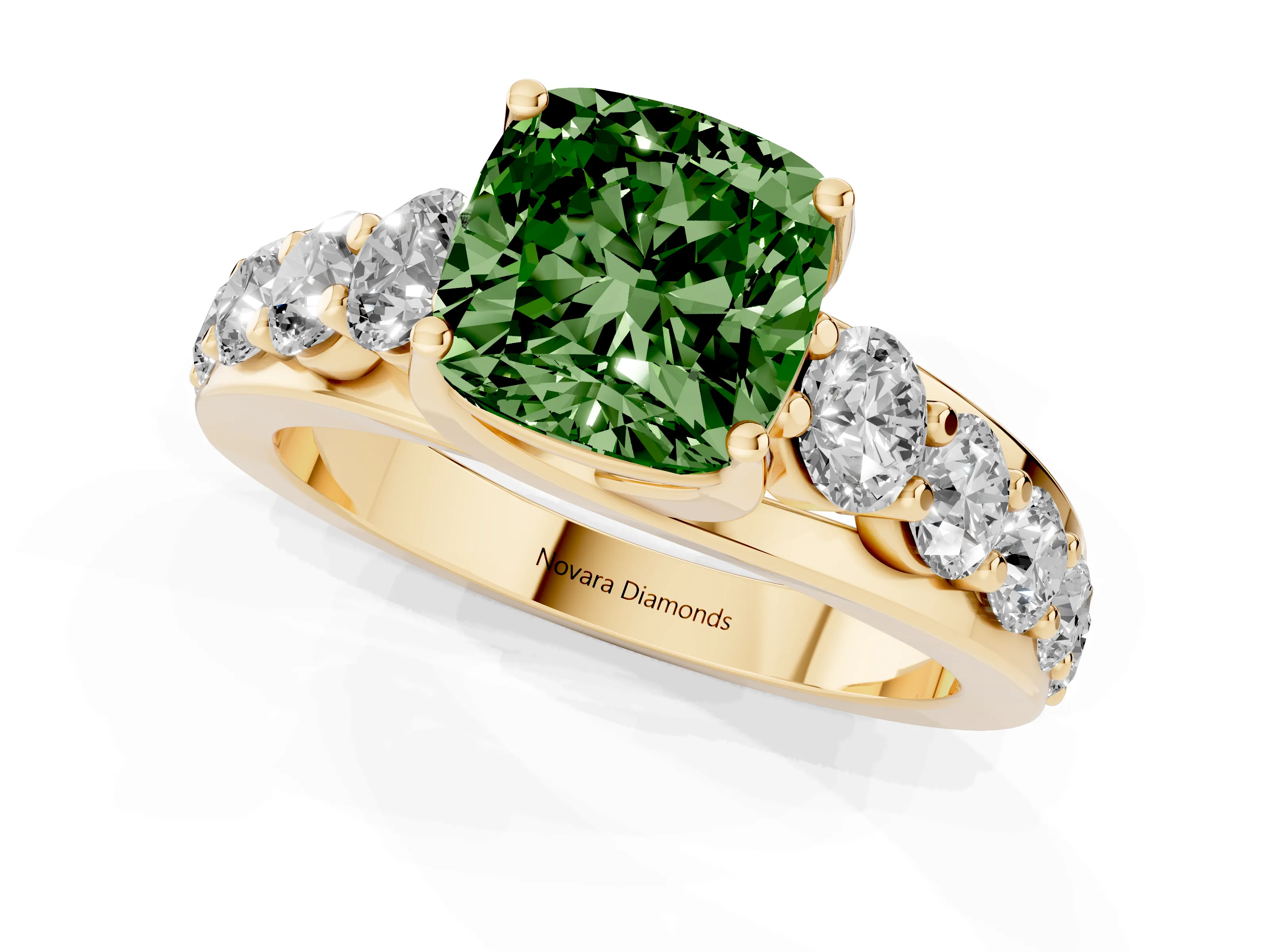 Fancy Green Cushion Cut Diamond Pavé Engagement Ring Set in Yellow gold with Prong Setting