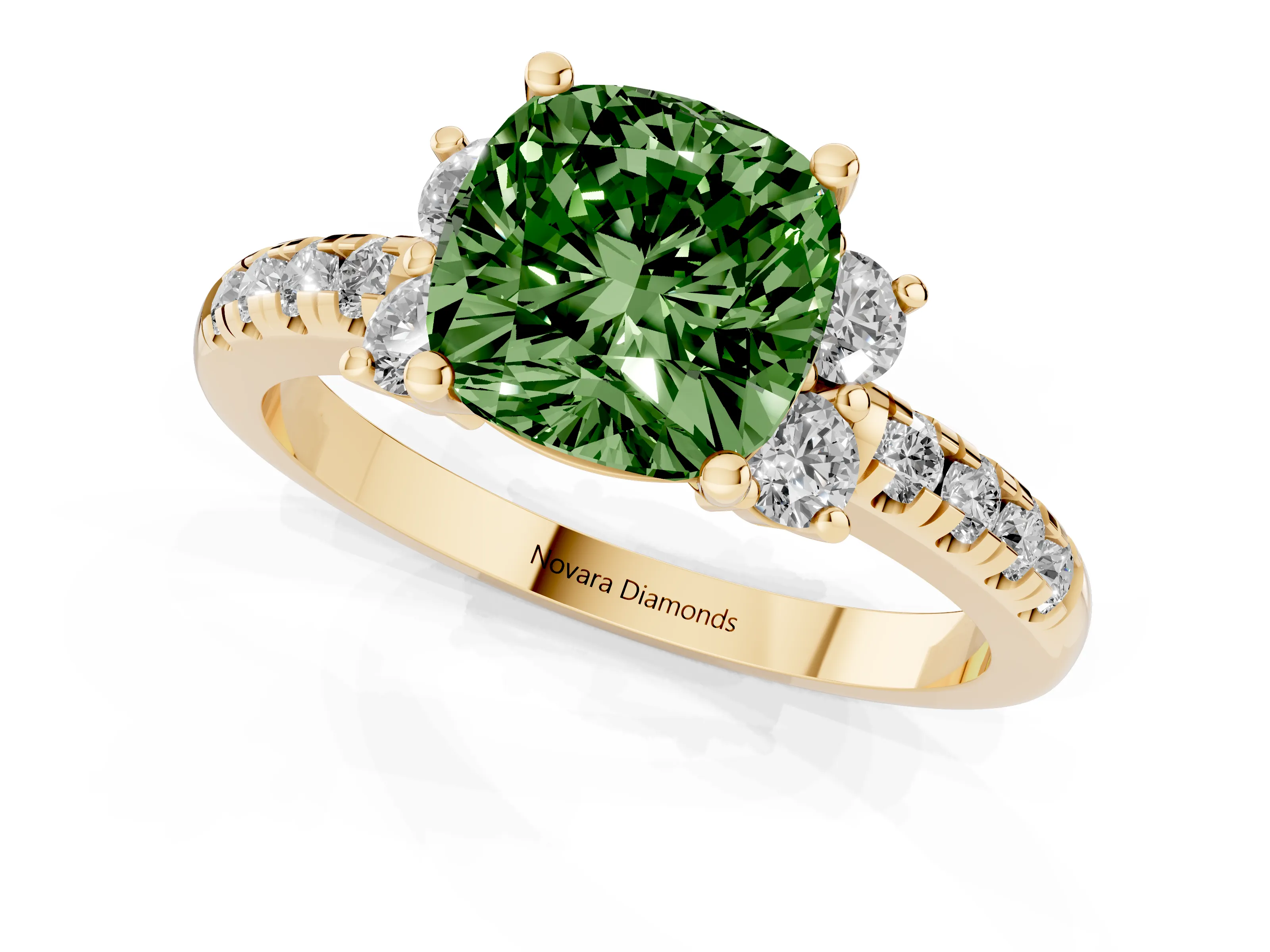 Fancy Green Cushion Cut Diamond Three-Stone Pavé Ring Set in Yellow gold with Prong Setting