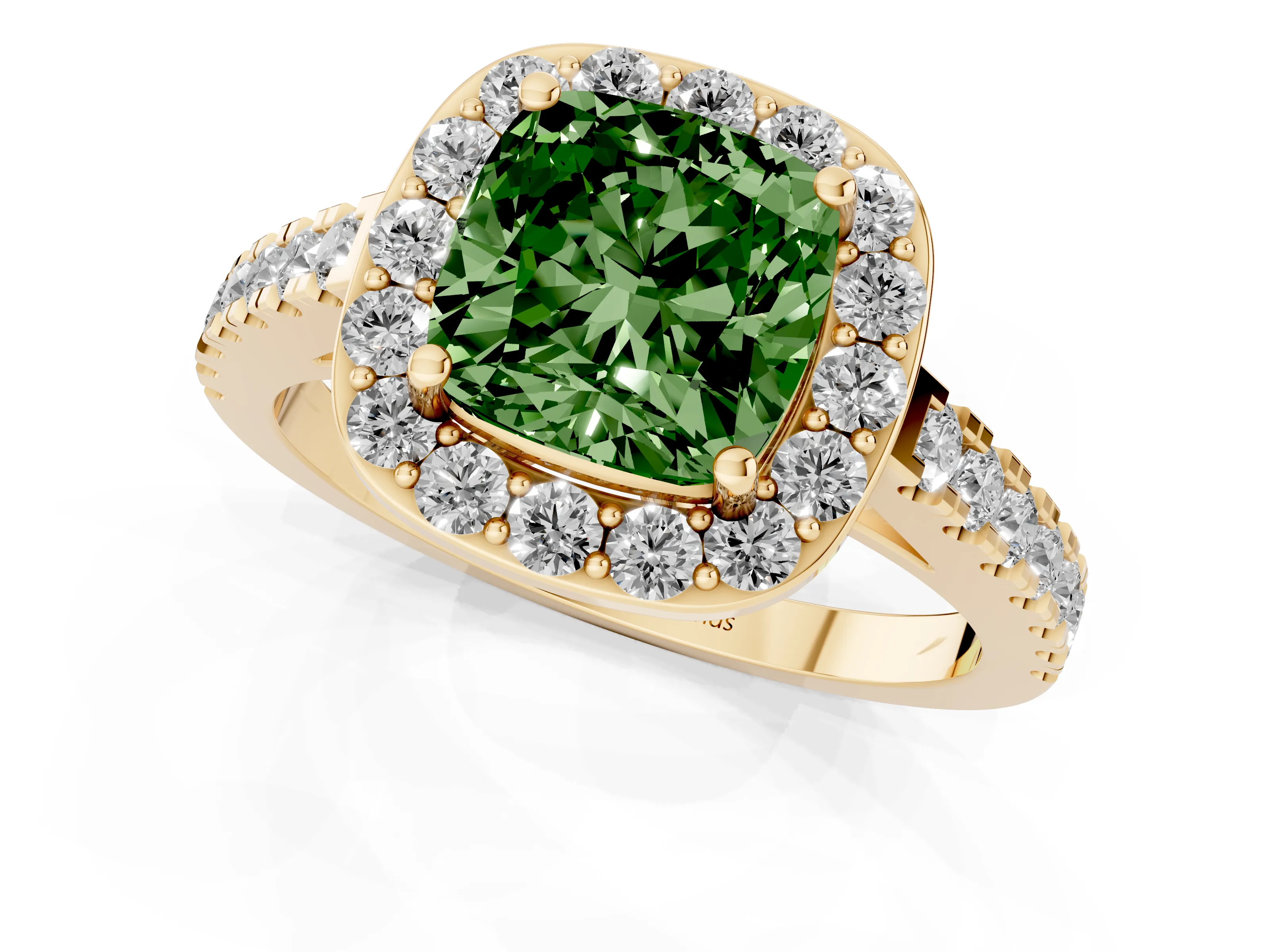 Fancy Green Cushion Cut Diamond Halo Ring Set in Yellow gold with Round Pavé Split Shank and Prong Setting
