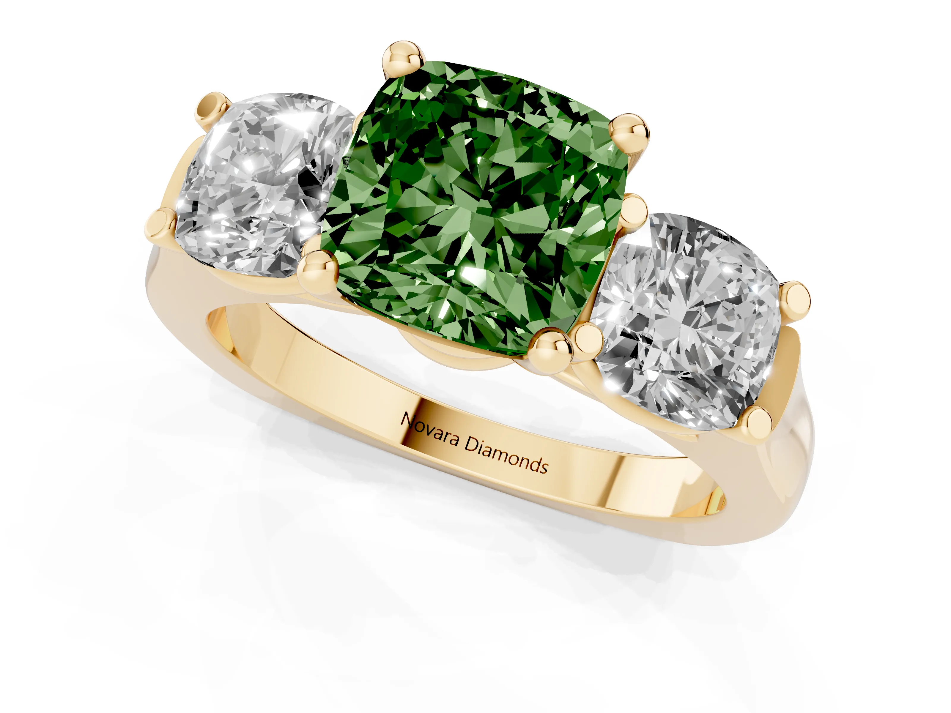 Fancy Green Cushion Cut Diamond Three-Stone Trellis Ring Set in Yellow gold with Comfort Fit Band