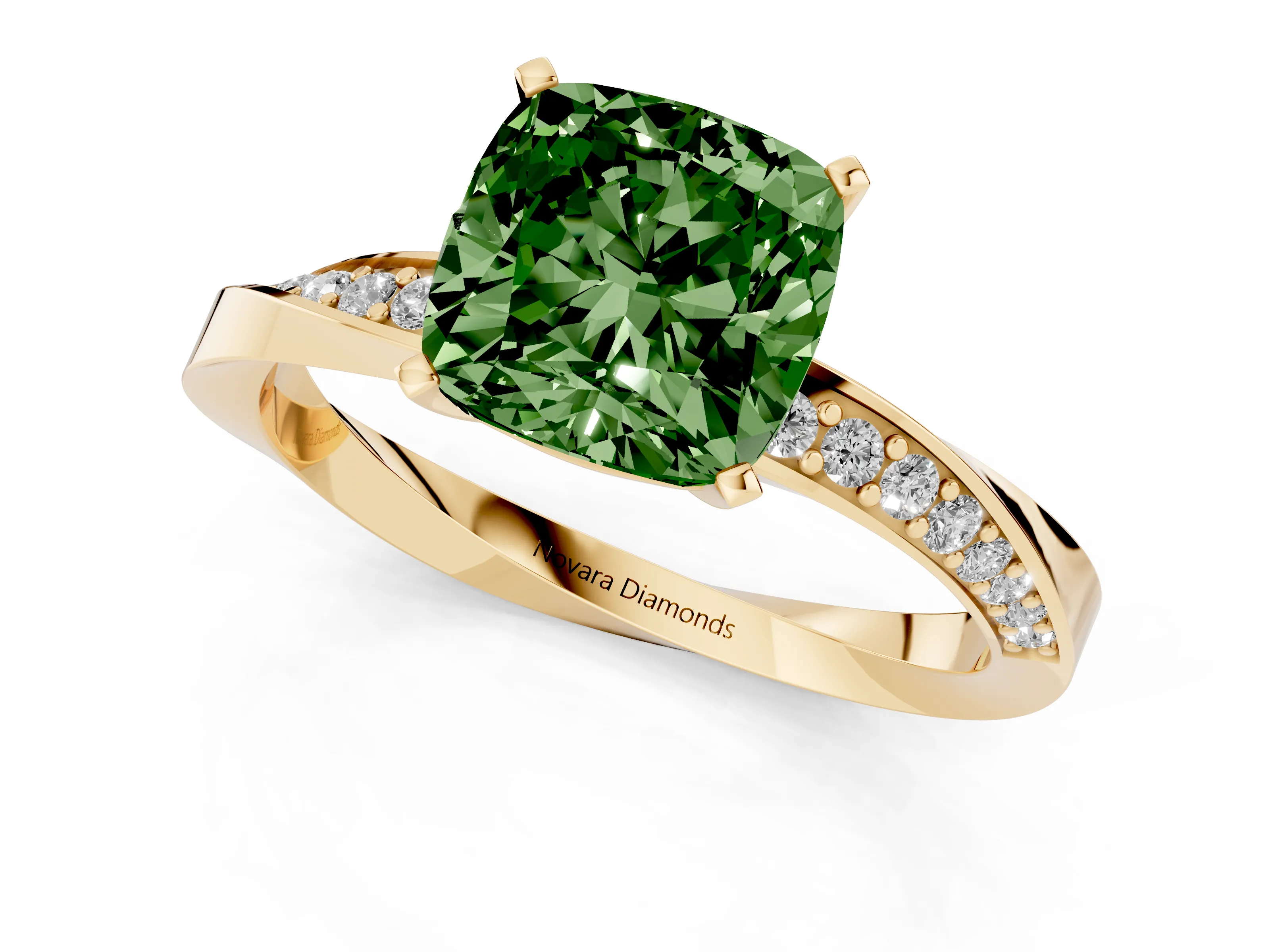 Fancy Green Cushion Cut Diamond Engagement Ring Set in Yellow gold with Side Stone Accents and Prong Setting