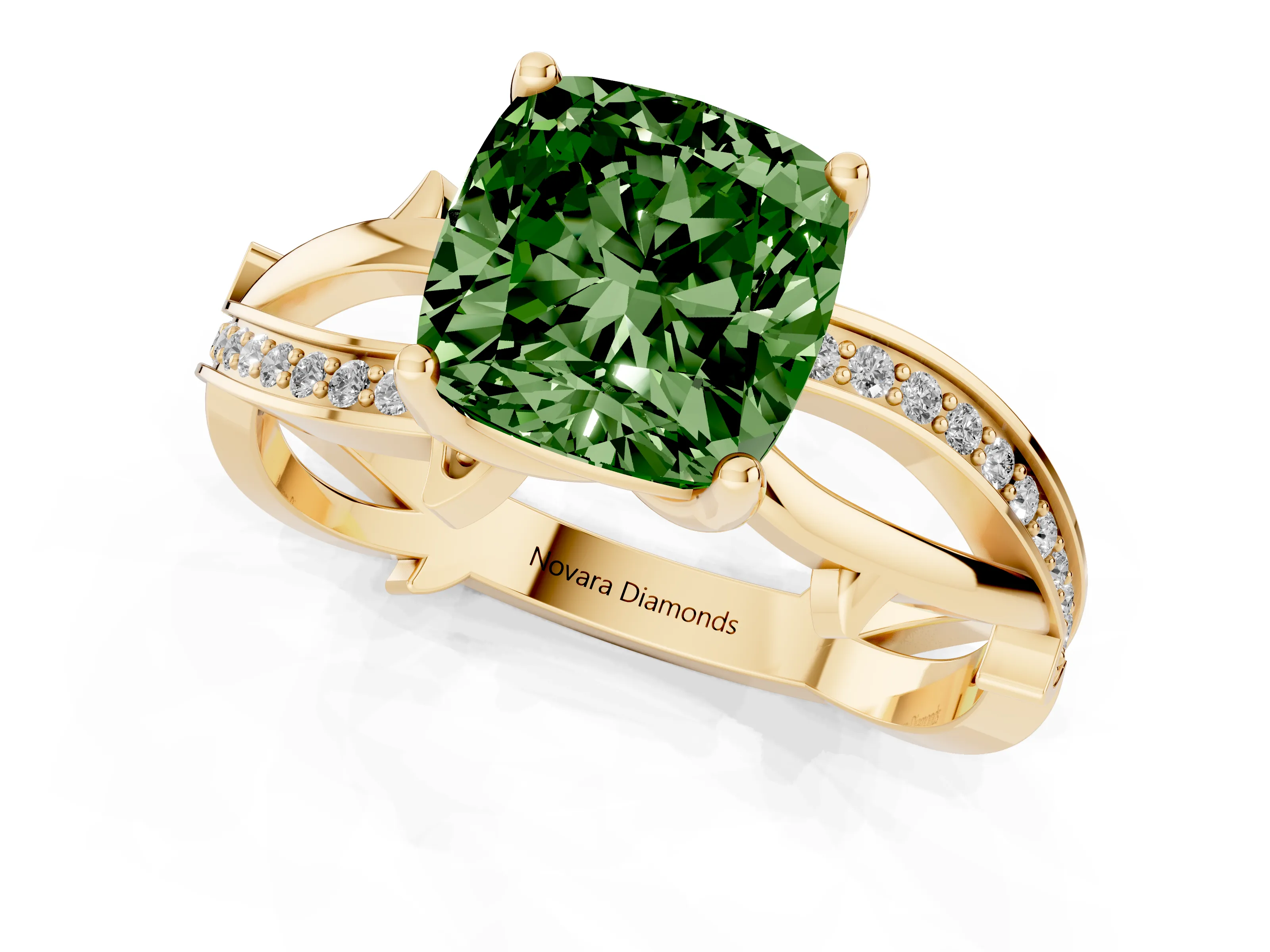Fancy Green Cushion Cut Diamond Pavé Twist Band Solitaire Ring Set in Yellow gold with Prong Setting