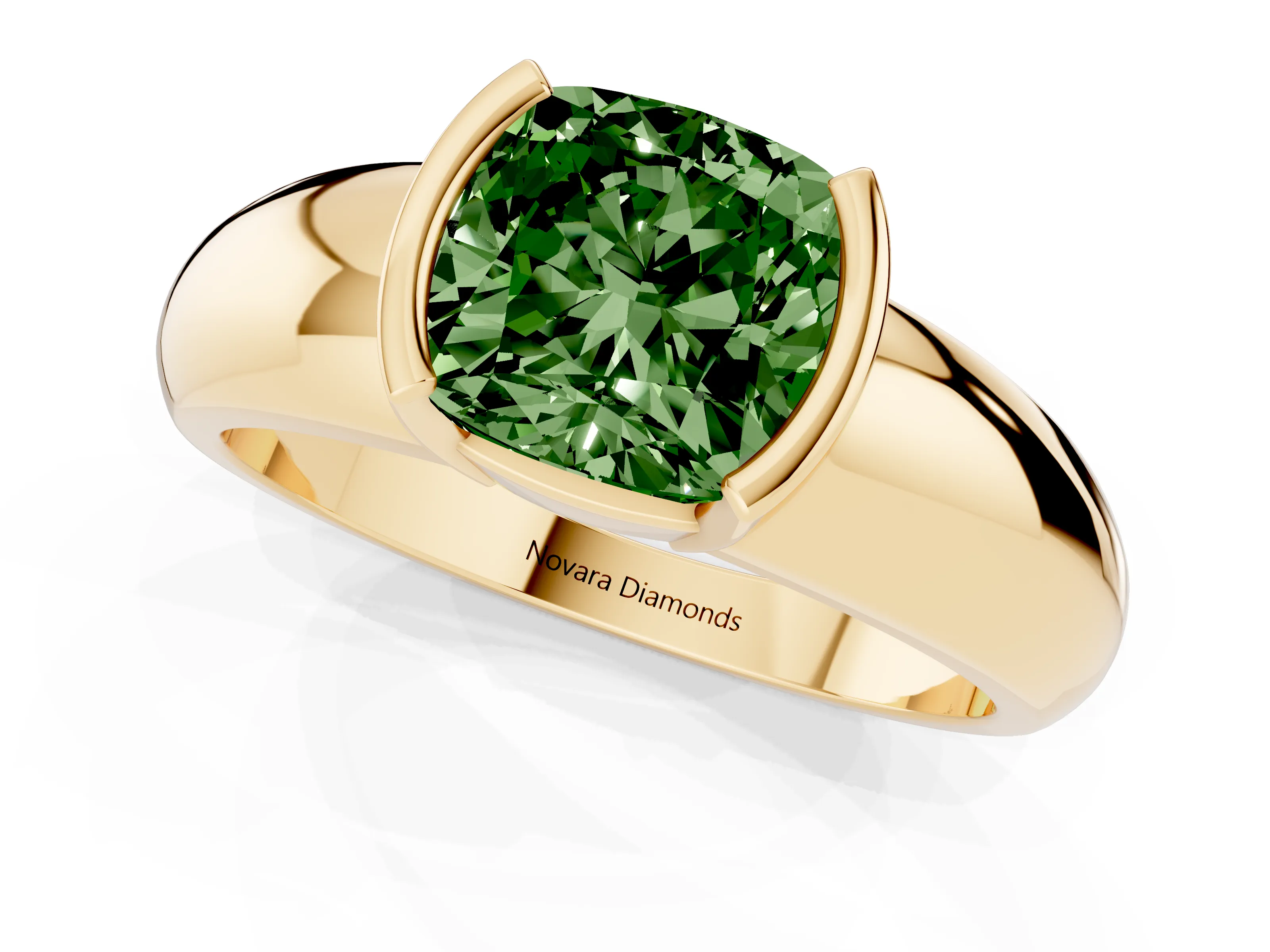 Fancy Green Cushion Cut Diamond Solitaire Tension Set Ring Set in Yellow gold with Wide Band