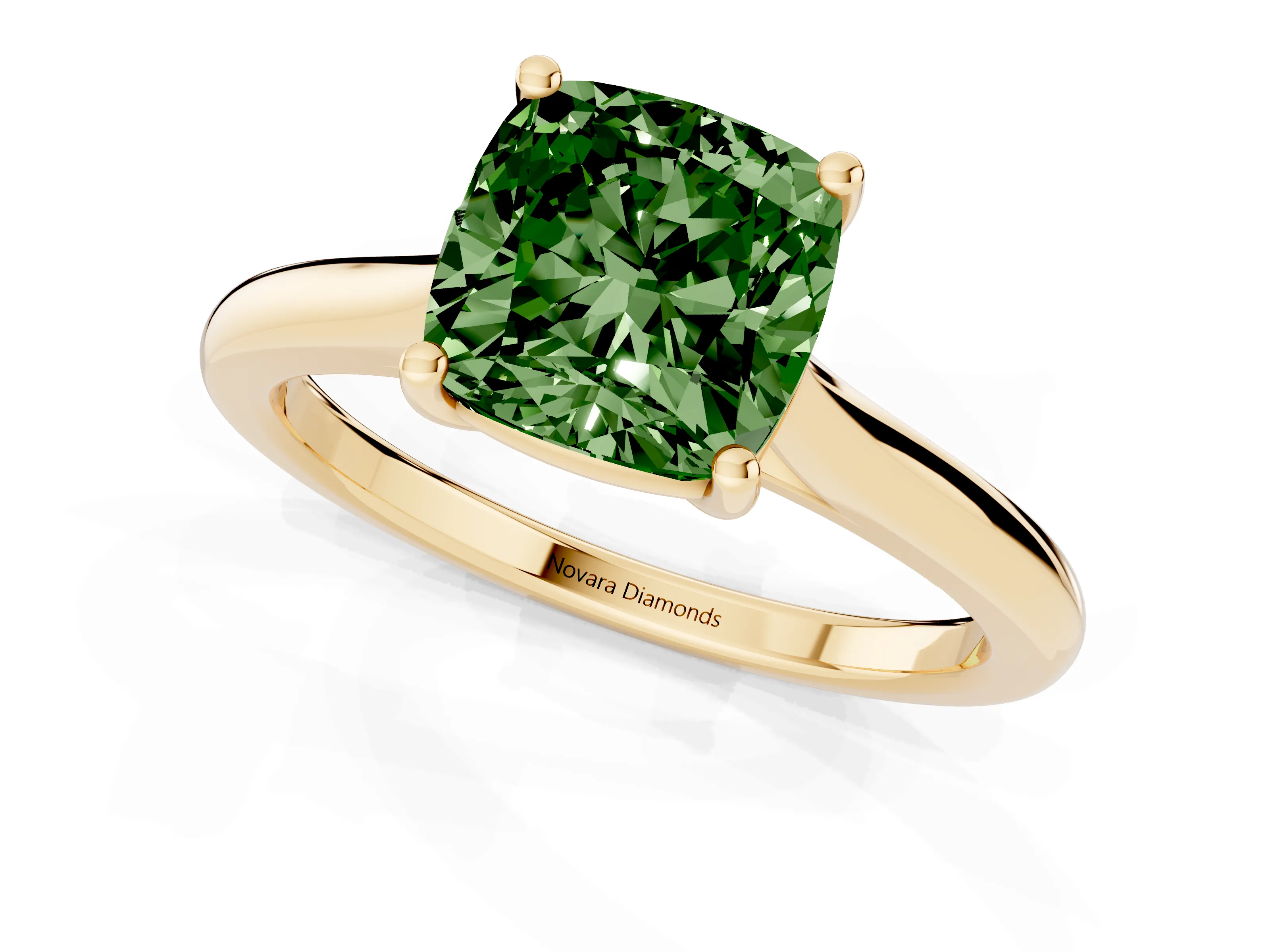 Fancy Green Cushion Cut Diamond Solitaire Ring Set in Yellow gold with Cathedral Band and Prong Setting