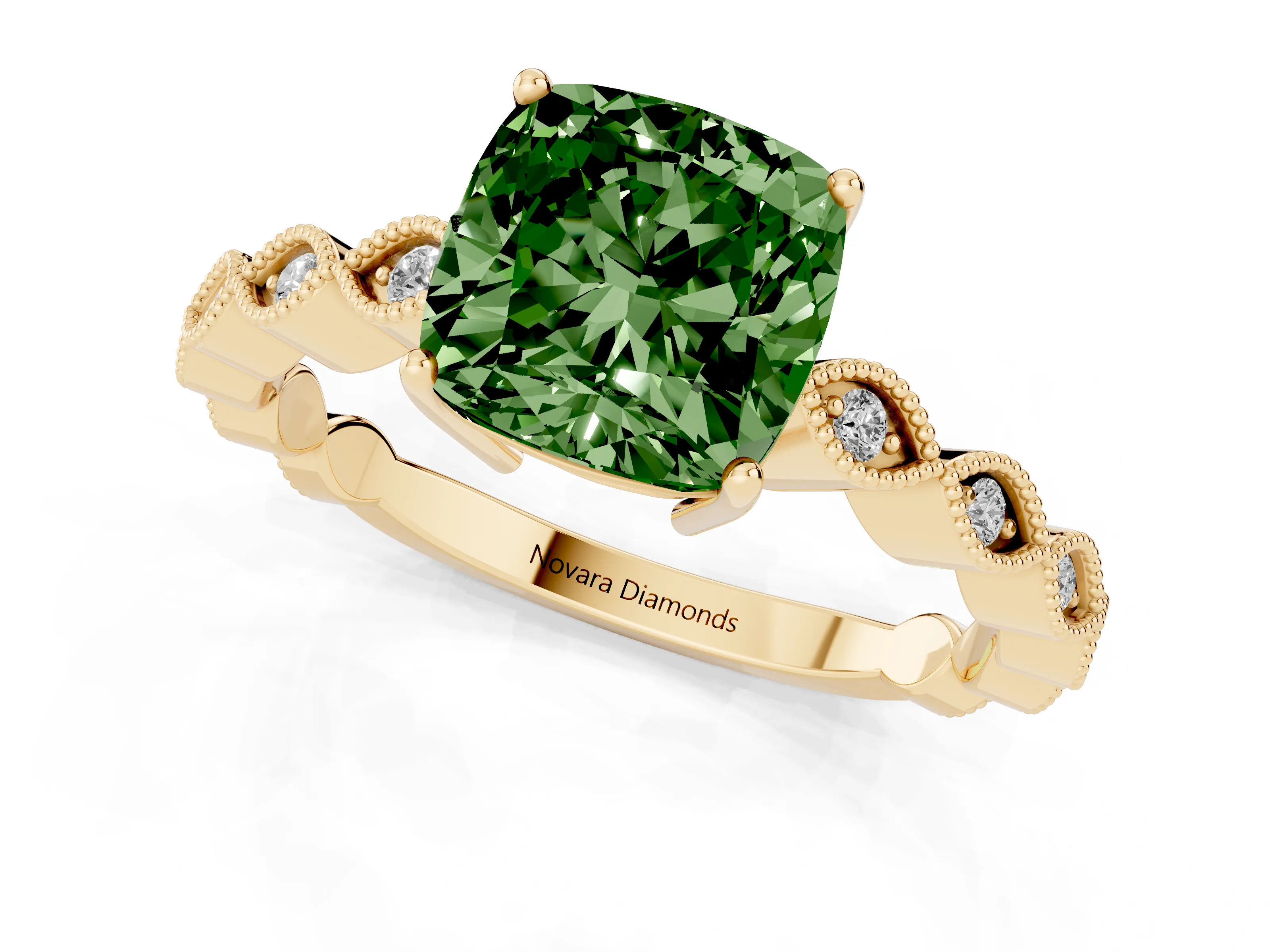 Fancy Green Cushion Cut Diamond Solitaire Ring Set in Yellow gold with Infinity Twist Pavé Band