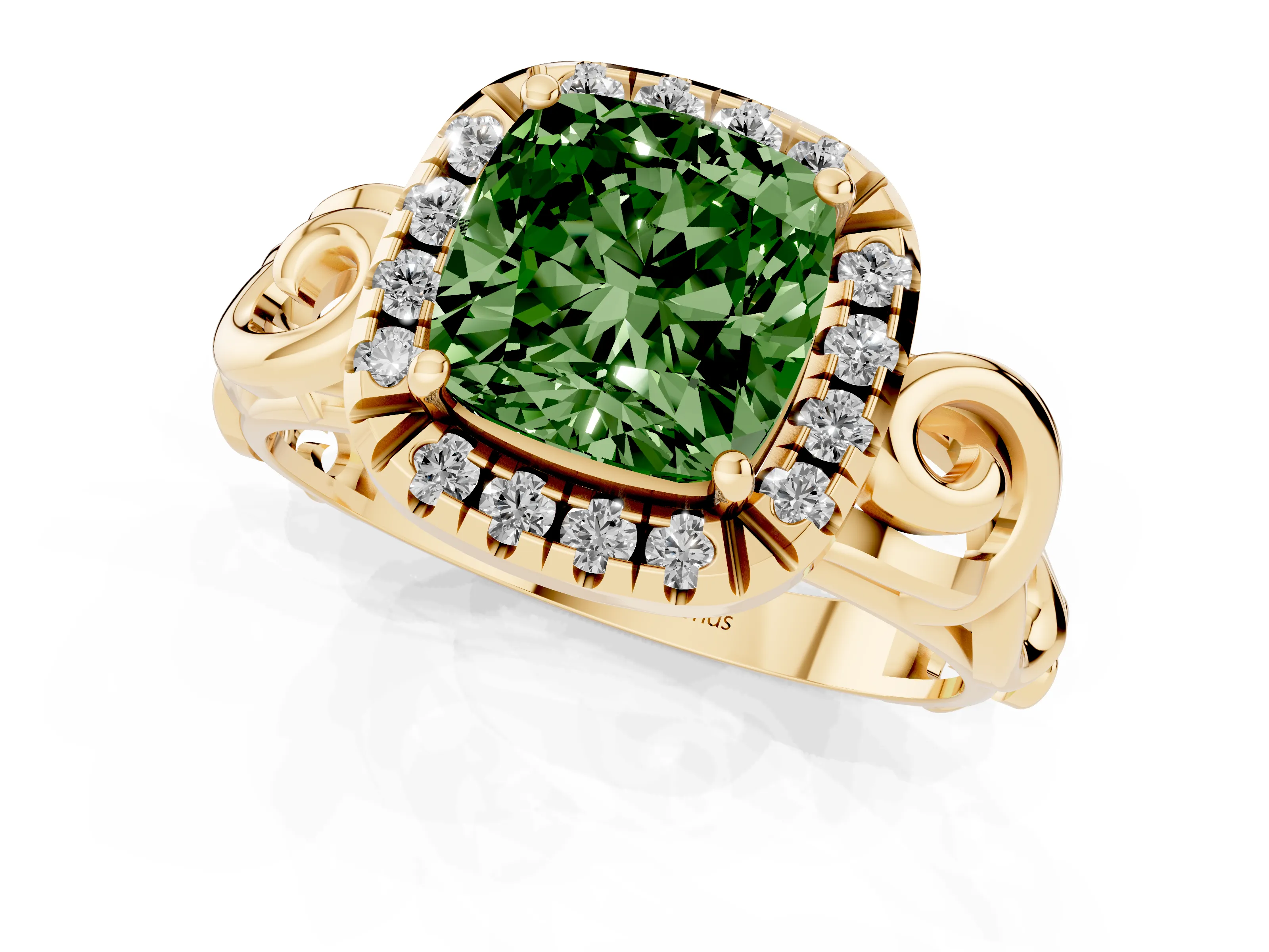 Fancy Green Cushion Cut Diamond Halo Ring Set in Yellow gold with Scrollwork Band and Prong Setting