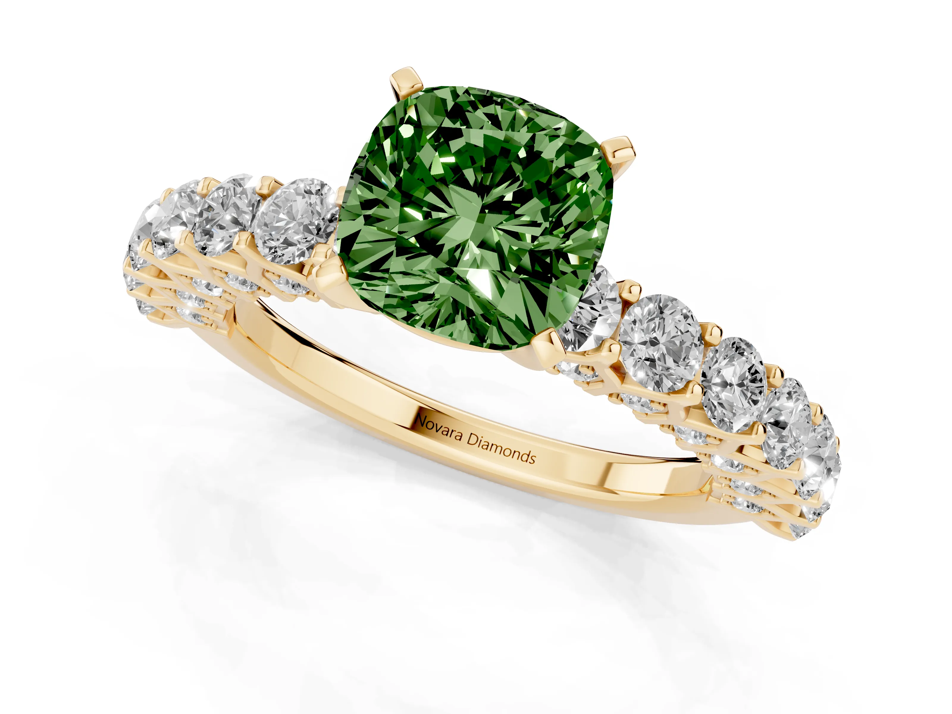 Fancy Green Cushion Cut Diamond Solitaire Ring Set in Yellow gold with Shared Prong Pavé Band
