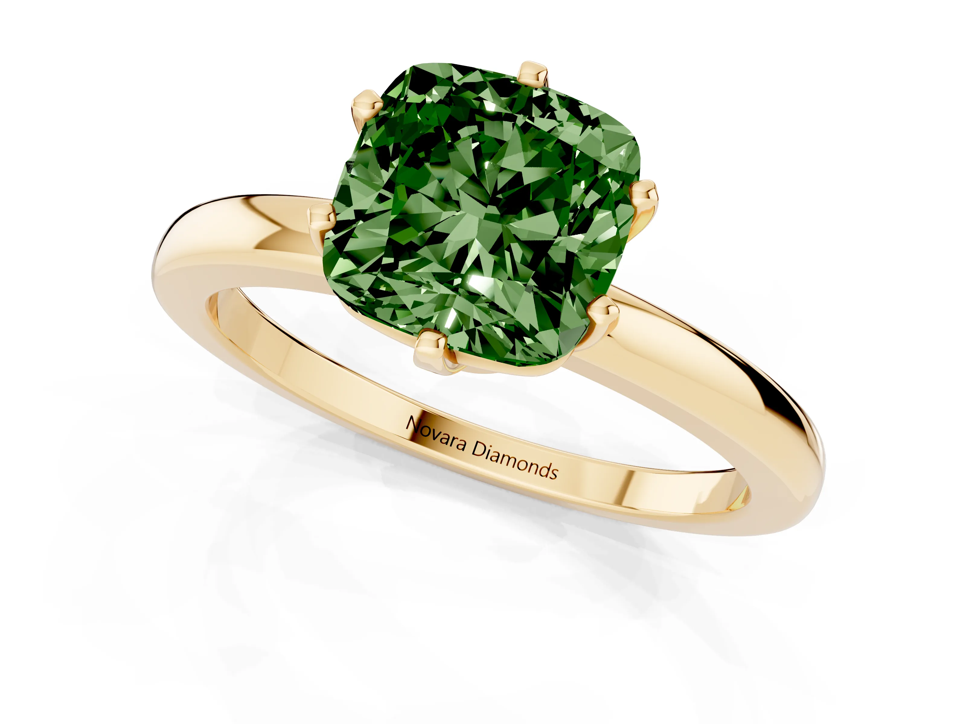 Fancy Green Cushion Cut Diamond Solitaire Ring Set in Yellow gold with Raised Prong Setting on a Classic Band